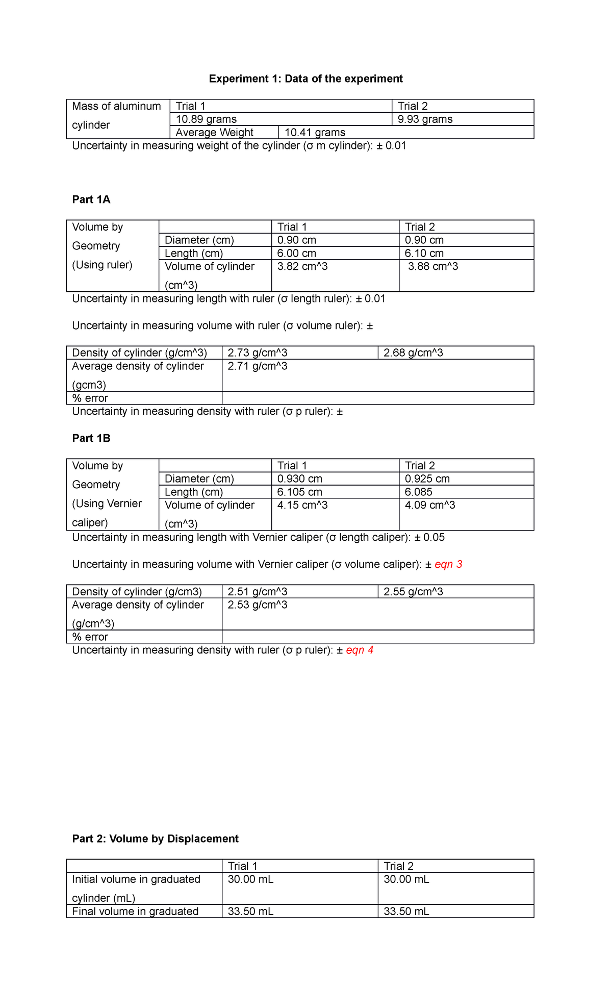 experiment 1 data sheet