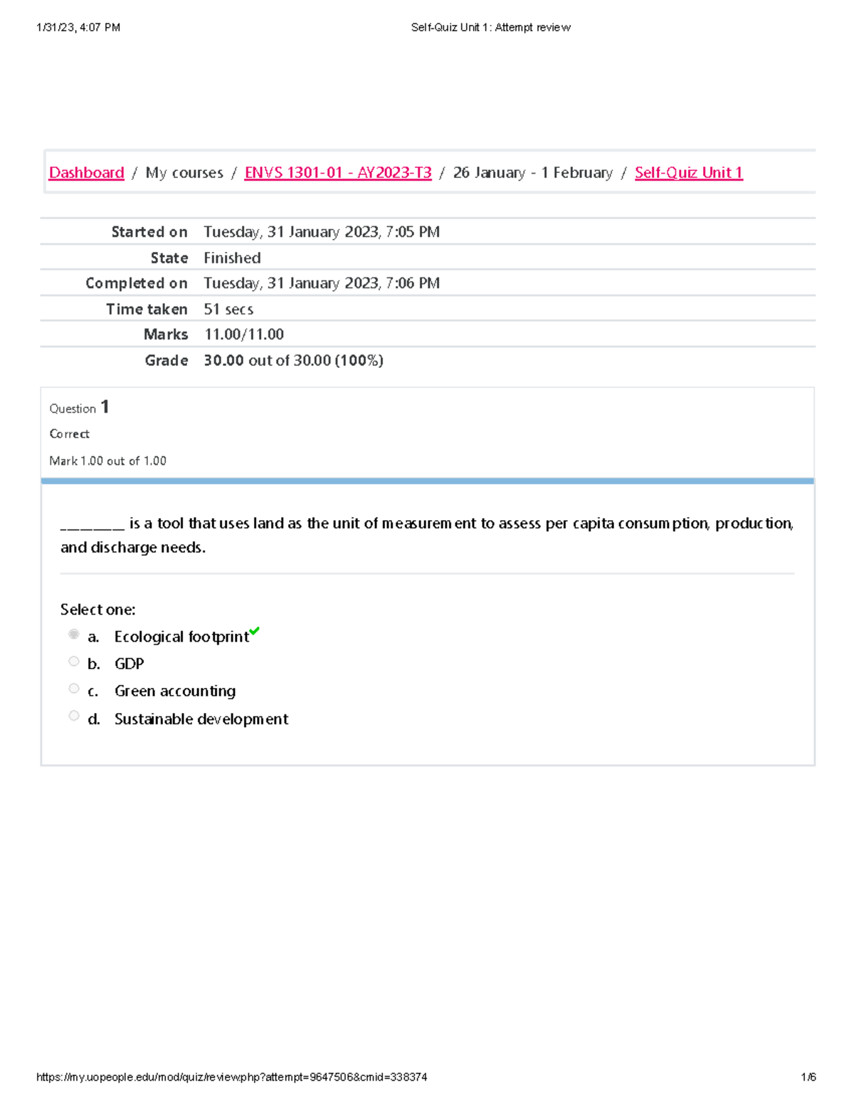 ENVS 1301: Self-Quiz - Started On Tuesday, 31 January 2023, 7:05 PM ...