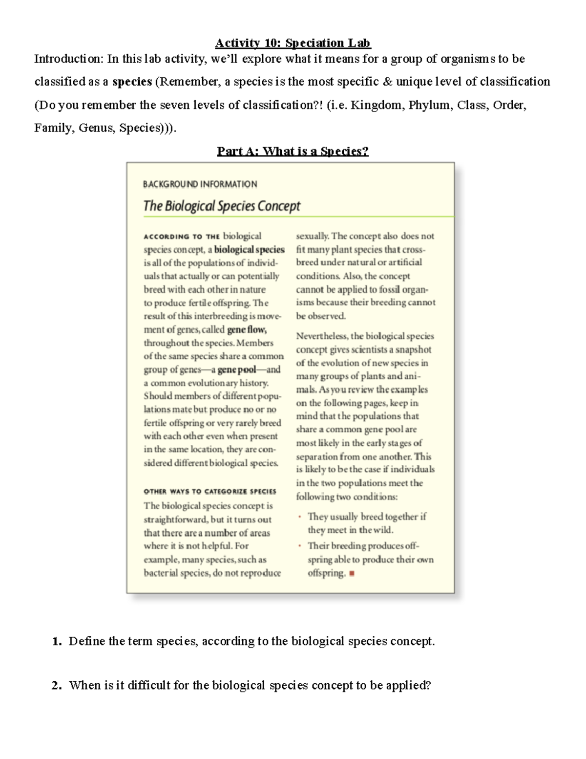 Act 10 Speciation Lab 223 - Activity 10: Speciation Lab Introduction ...