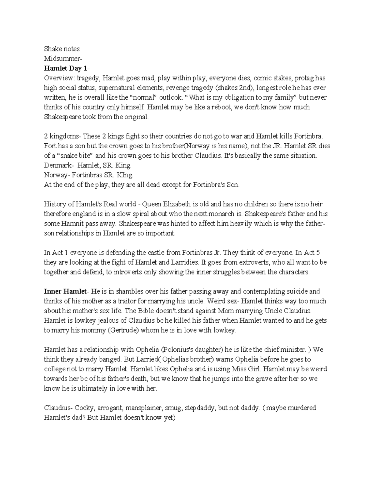 Shake notes - Shake notes Midsummer- Hamlet Day 1- Overview: tragedy ...