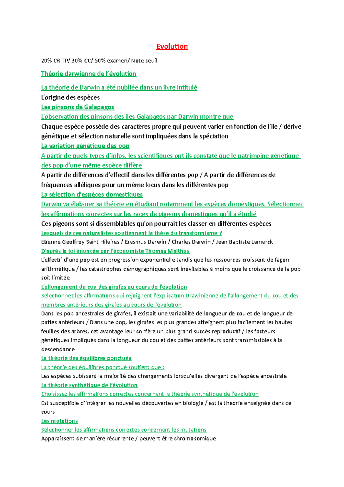 Evolution - Tout le cours d'évolution de L2 S4 - Evolution 20% CR TP ...