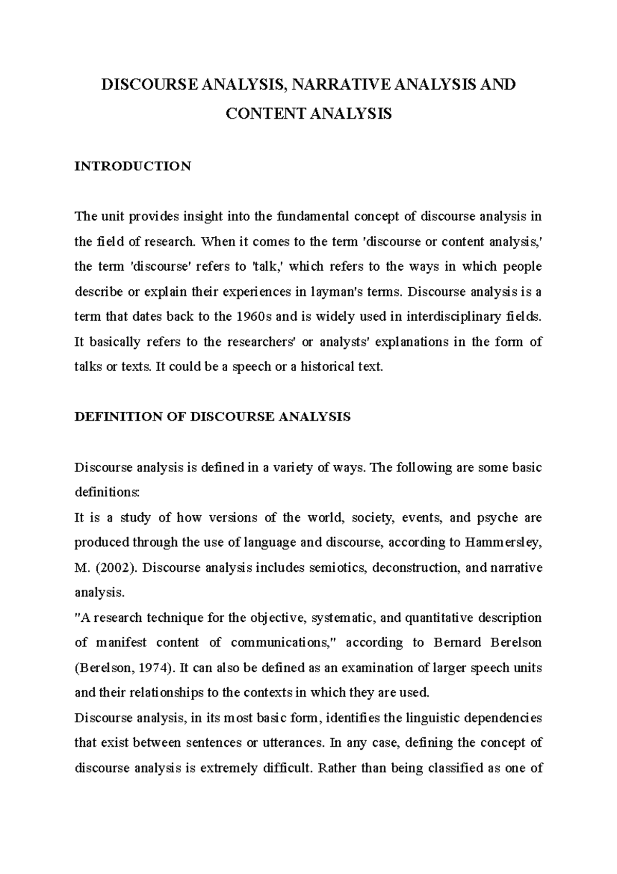 content discourse analysis research title