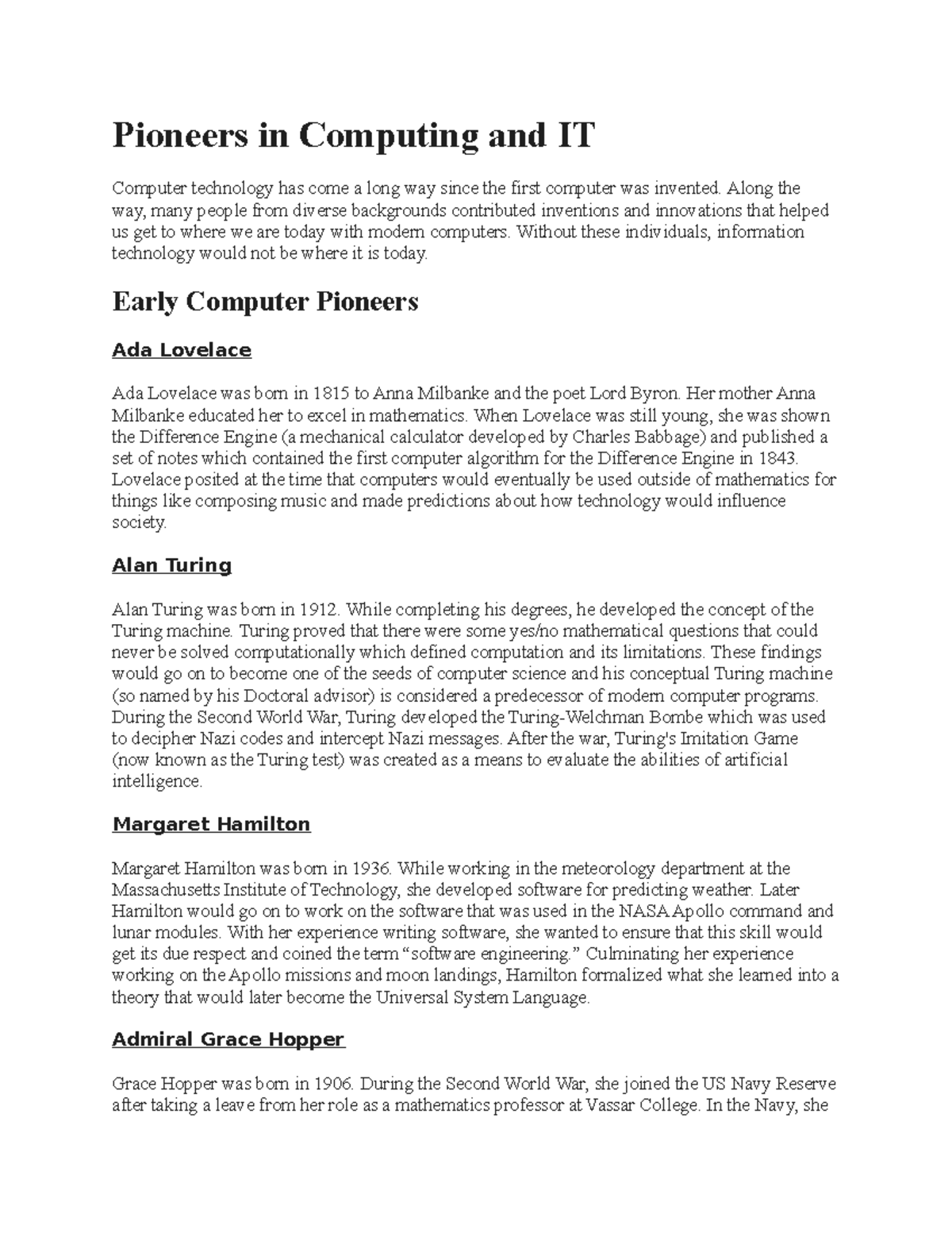 Pioneers in Computing and IT - Pioneers in Computing and IT Computer ...