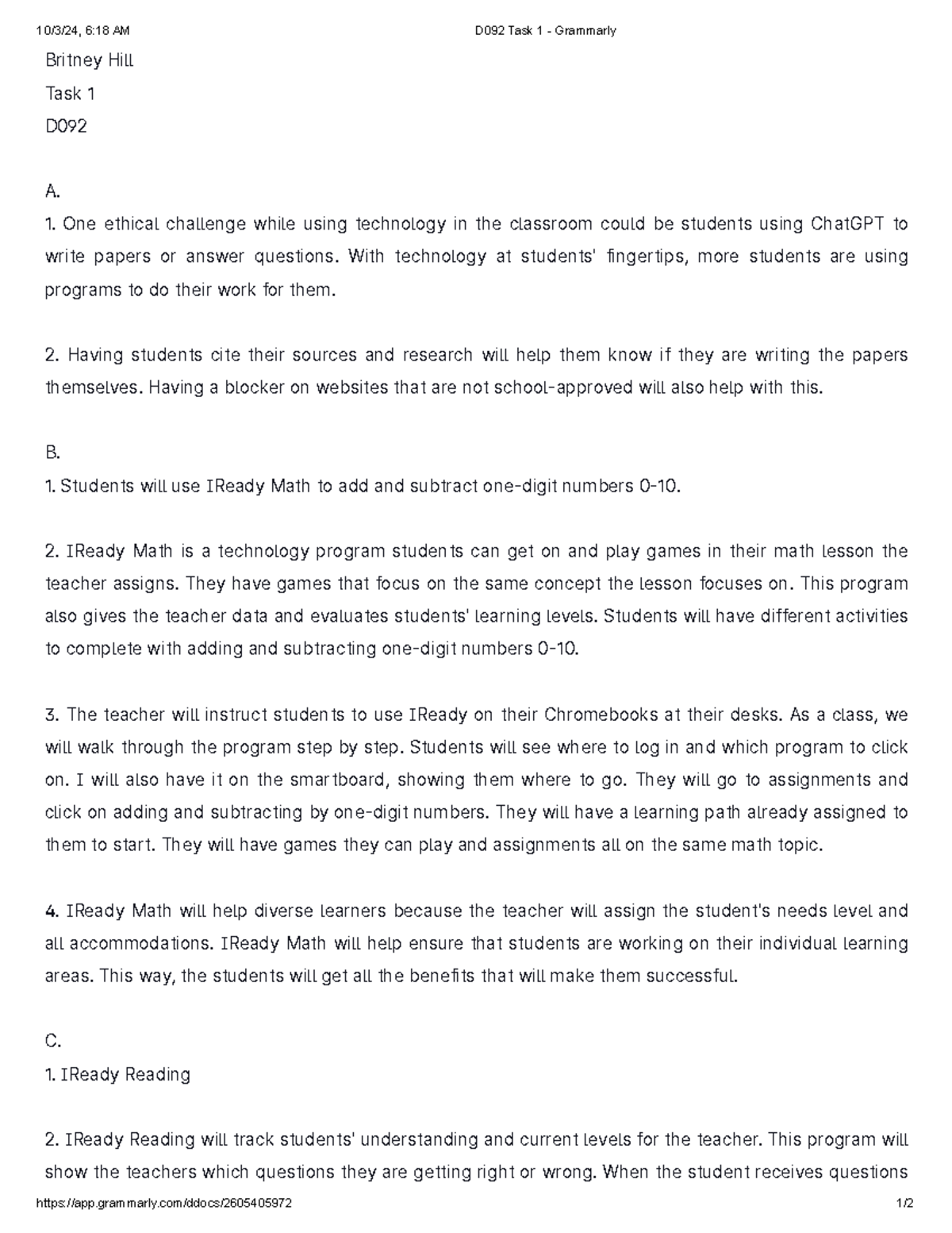 D092 Task 1 - revised - Task 1 - Britney Hi Task D0 2 A. . One ethica ...