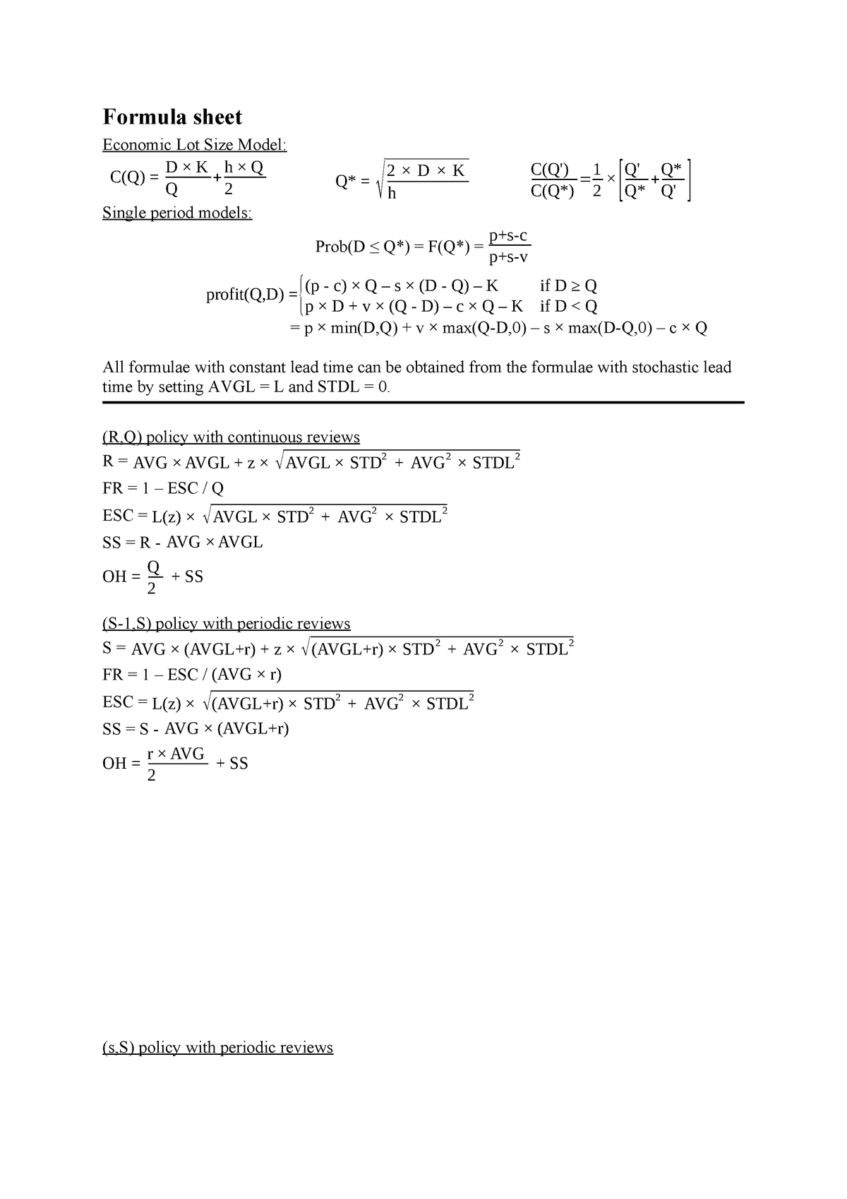 Formula Sheet Formelark Til Finans 1 Studocu