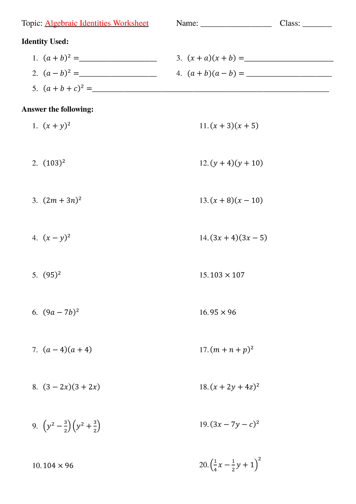 Algebraic Identities Worksheet 1 - ( 𝑎𝑎 + 𝑏𝑏 ) 2 ...