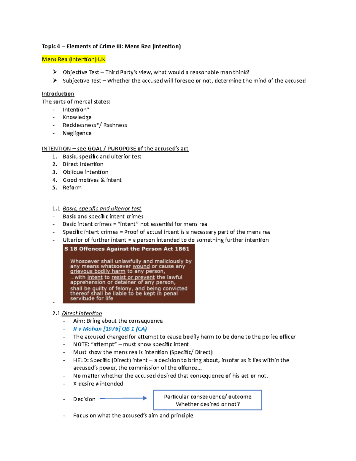 Topic 4 - Elements III Mens rea (Intention) - Particular consequence ...