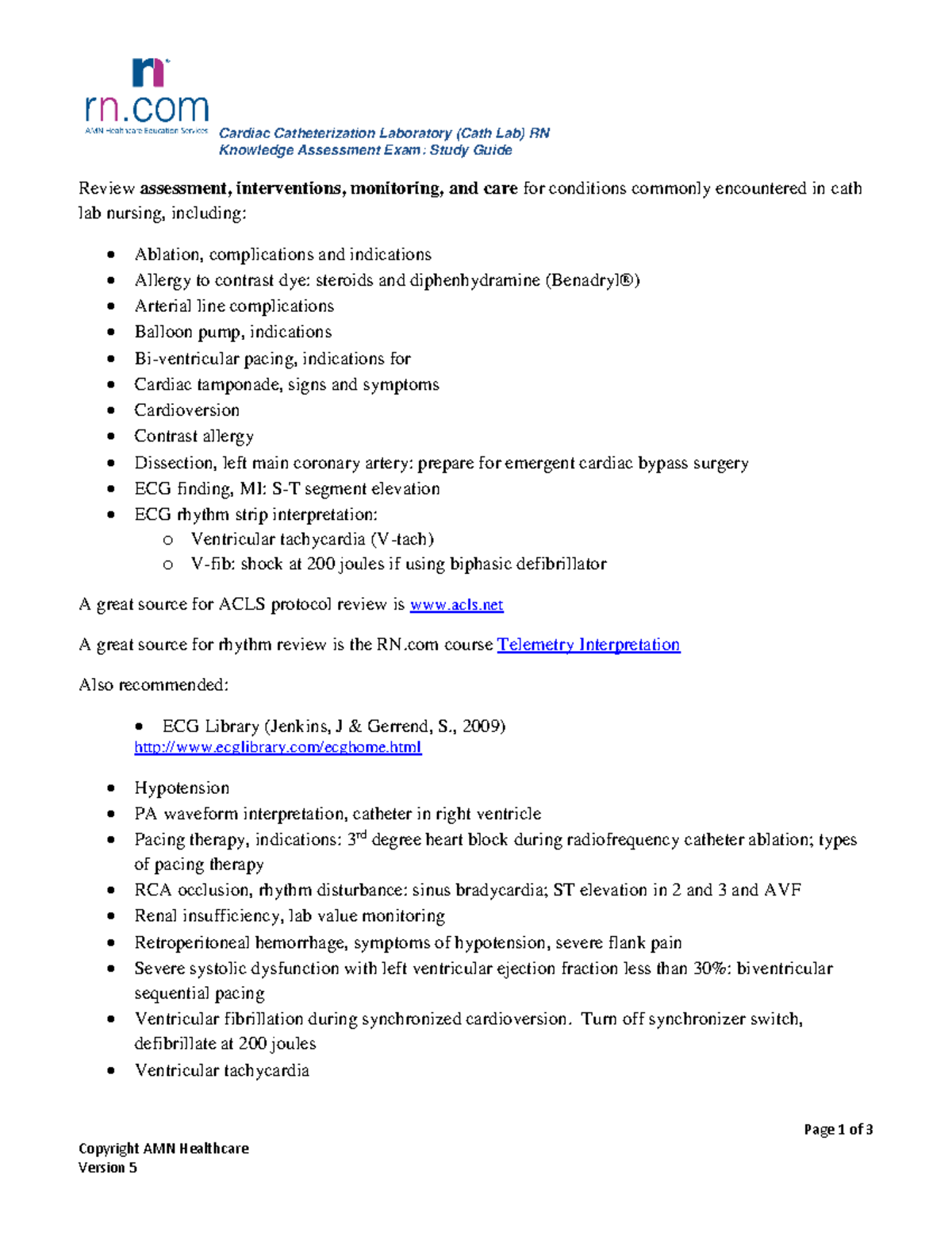 Cath Lab RNStudy Guidev 5 Cardiac Catheterization Laboratory (Cath