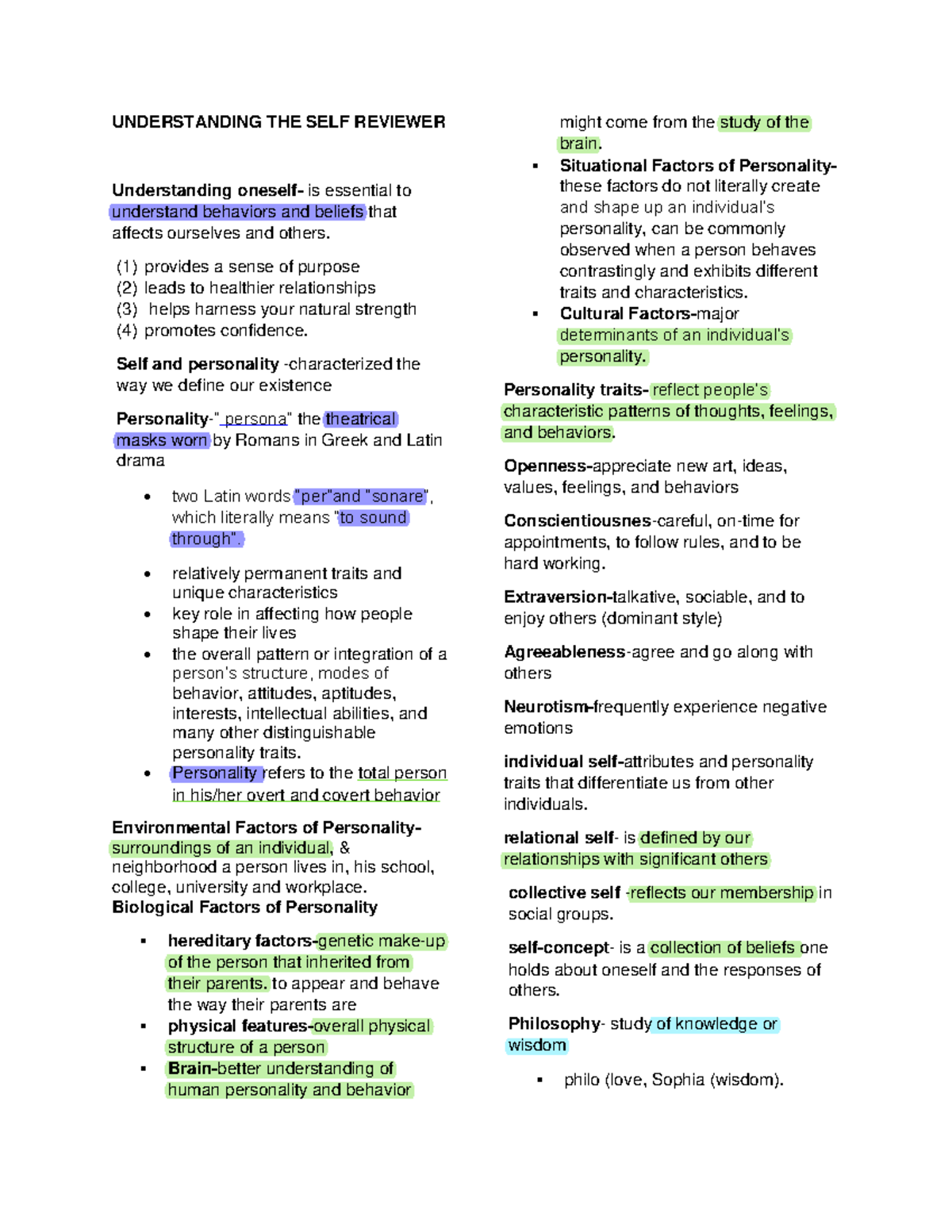 Reviewer - UNDERSTANDING THE SELF REVIEWER Understanding oneself- is ...