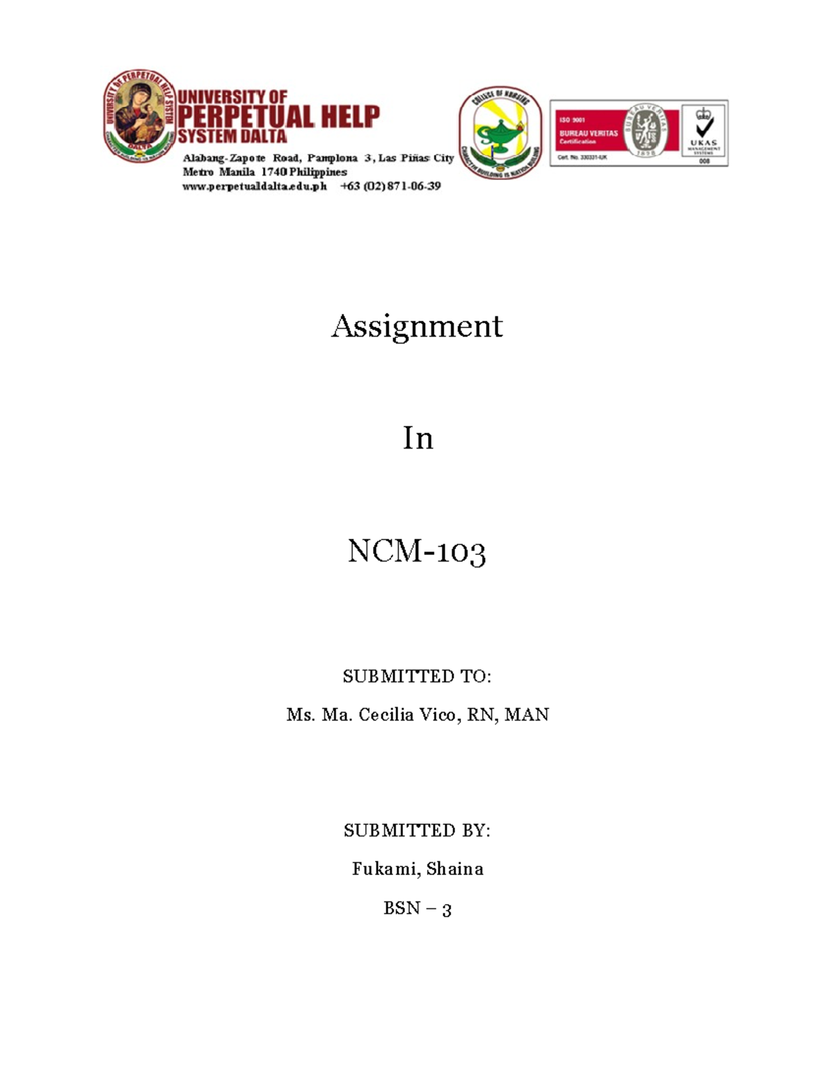 NCM103 Urinary lecture - Assignment In NCM- SUBMITTED TO: Ms. Ma ...