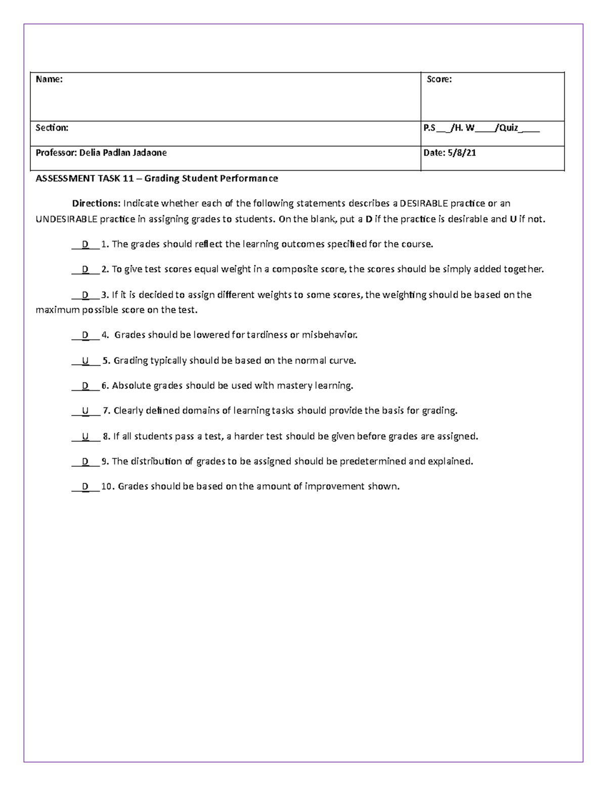 Assessment in Learning 9 - Name: Score: Section: P /H. W /Quiz ...