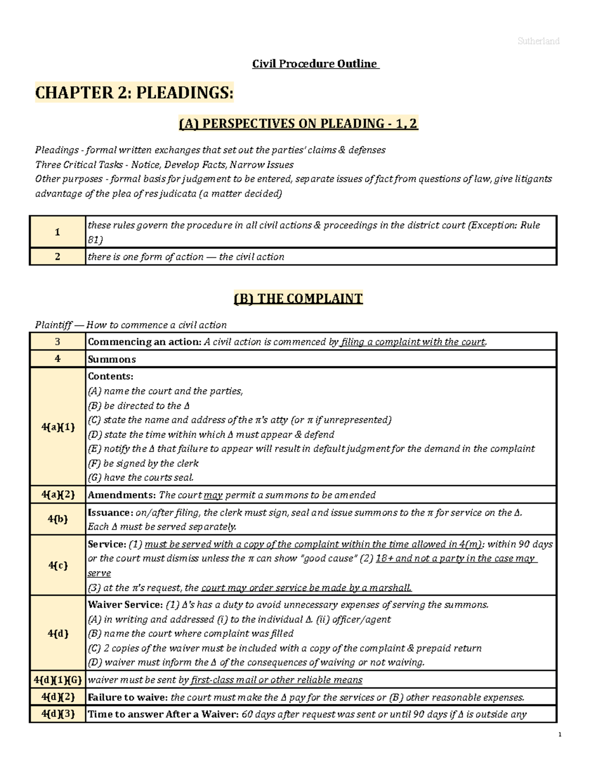 Civ Pro Outline - Civil Procedure Outline CHAPTER 2: PLEADINGS: (A ...