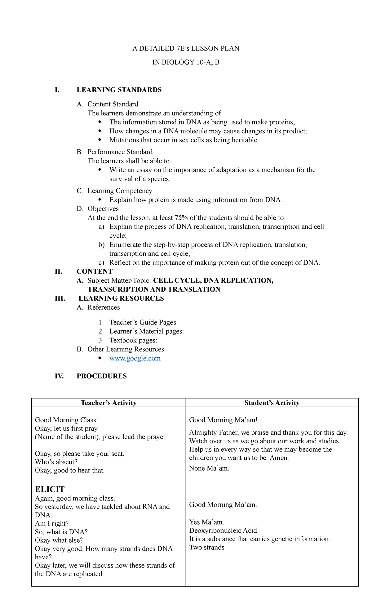 DNA Replication cell cycle and - A DETAILED 7E’s LESSON PLAN IN BIOLOGY ...