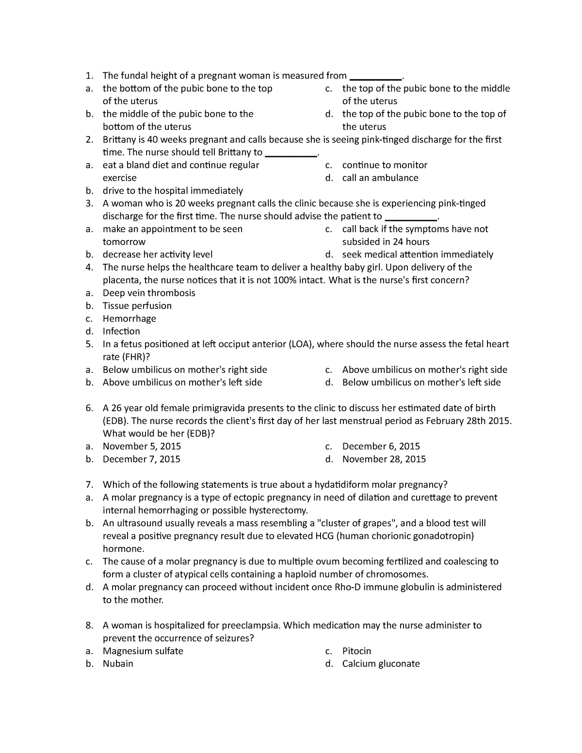 Quiz-for-4th - sample quiz for students - The fundal height of a ...