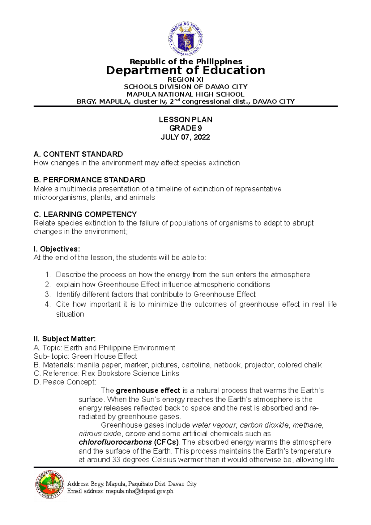 LESSON PLAN IN SCIENCE GRADE 9-GREENHOUSE EFFECT - Department of ...