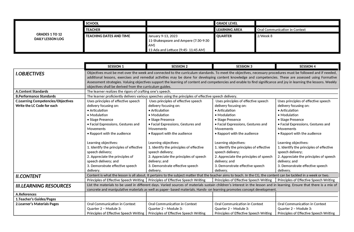 Oc Q2 W8 - Oral Communication In Context - Grades 1 To 12 Daily Lesson 