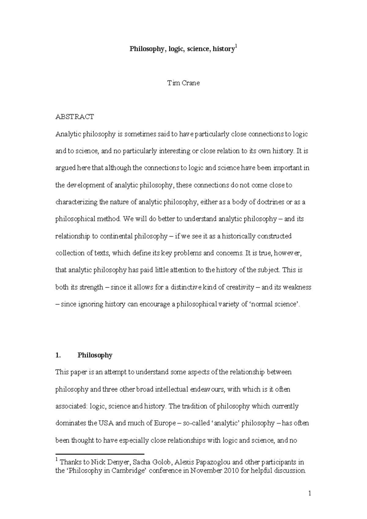Crane metaphilosophy - Philosophy of Science - Philosophy, logic ...