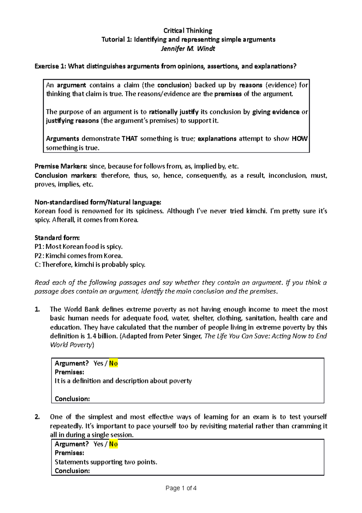 CT Tutorial 1 Exercises - Critical Thinking Tutorial 1: Identifying and ...