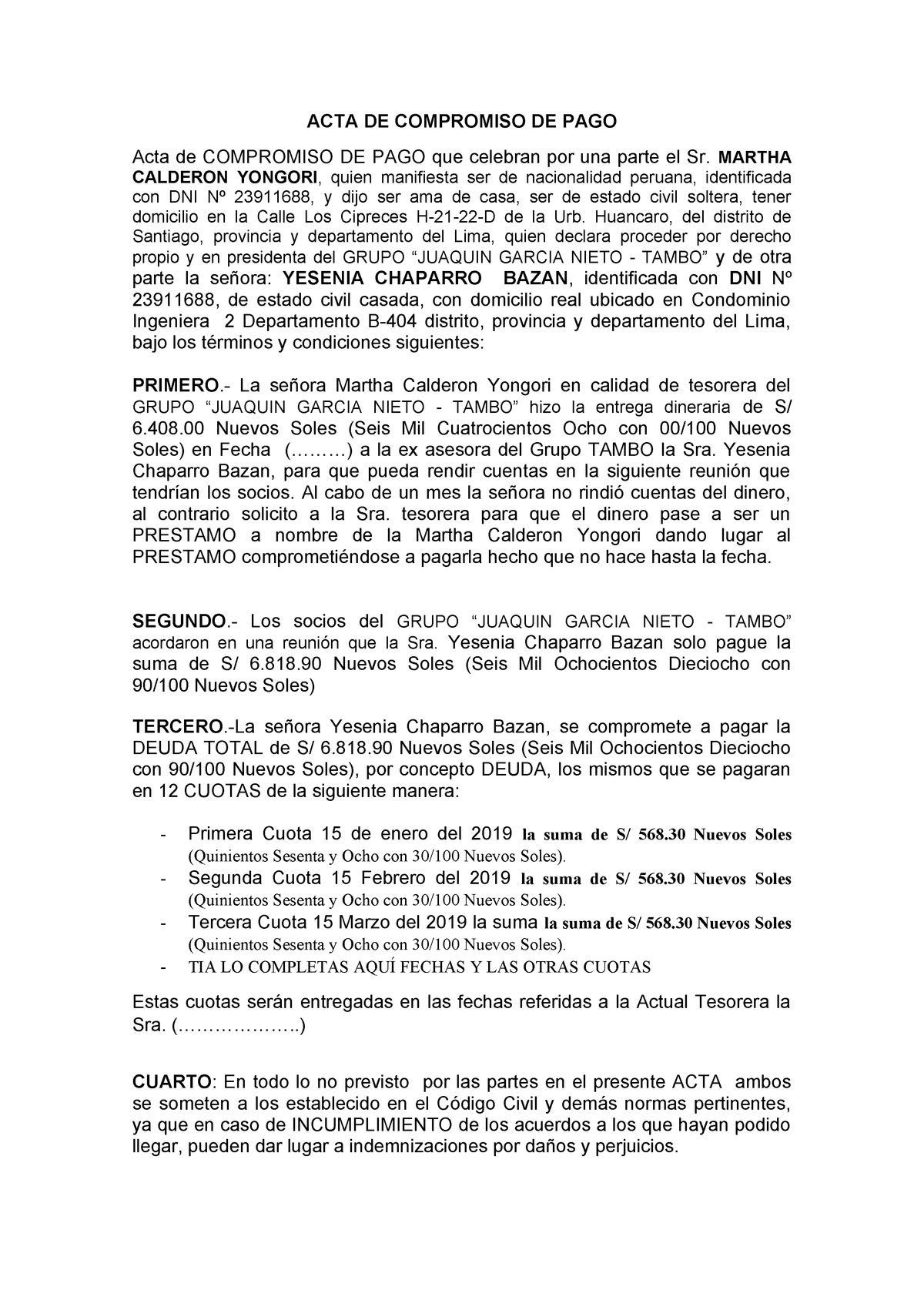 Acta De Compromiso De Pago Co902 Unsaac Studocu