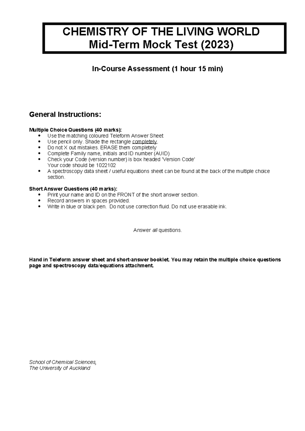 CHEM110 Mock Test - Answers - CHEMISTRY OF THE LIVING WORLD Mid-Term ...