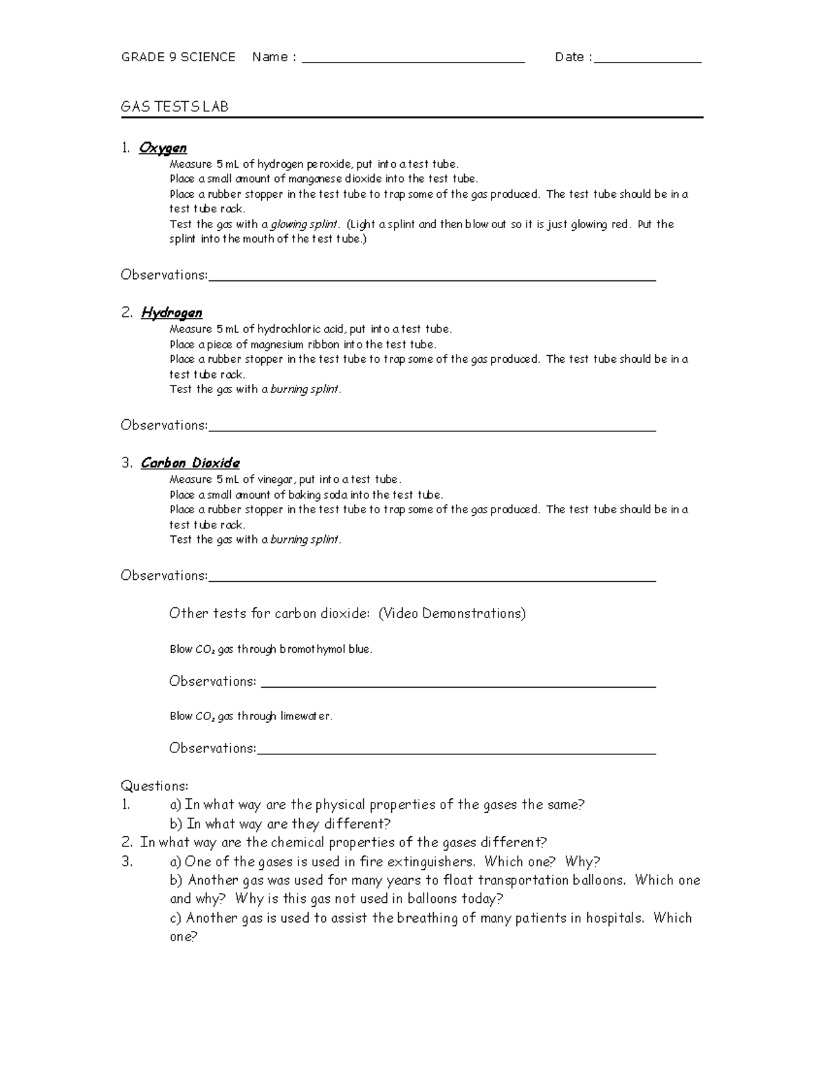 Gas Test Lab asdf GRADE 9 SCIENCE Name