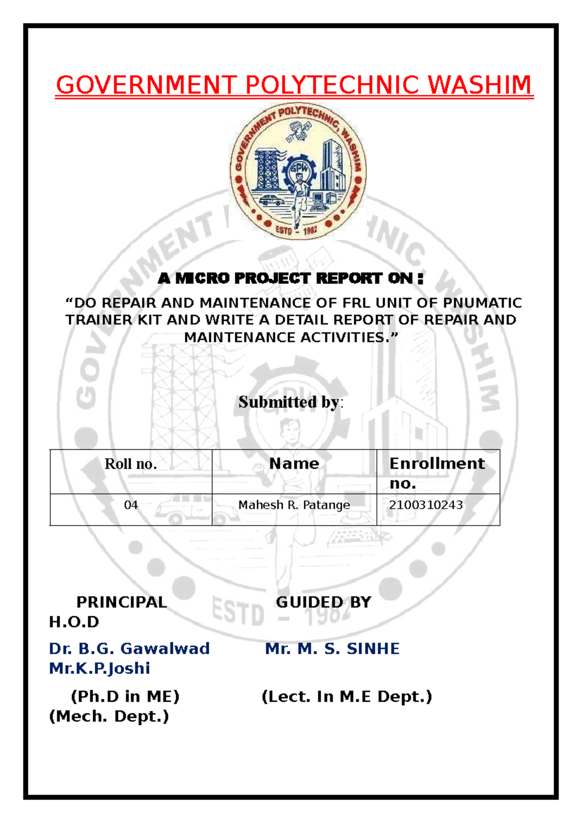 महेश ihp micro project - GOVERNMENT POLYTECHNIC WASHIM A MICRO PROJECT ...