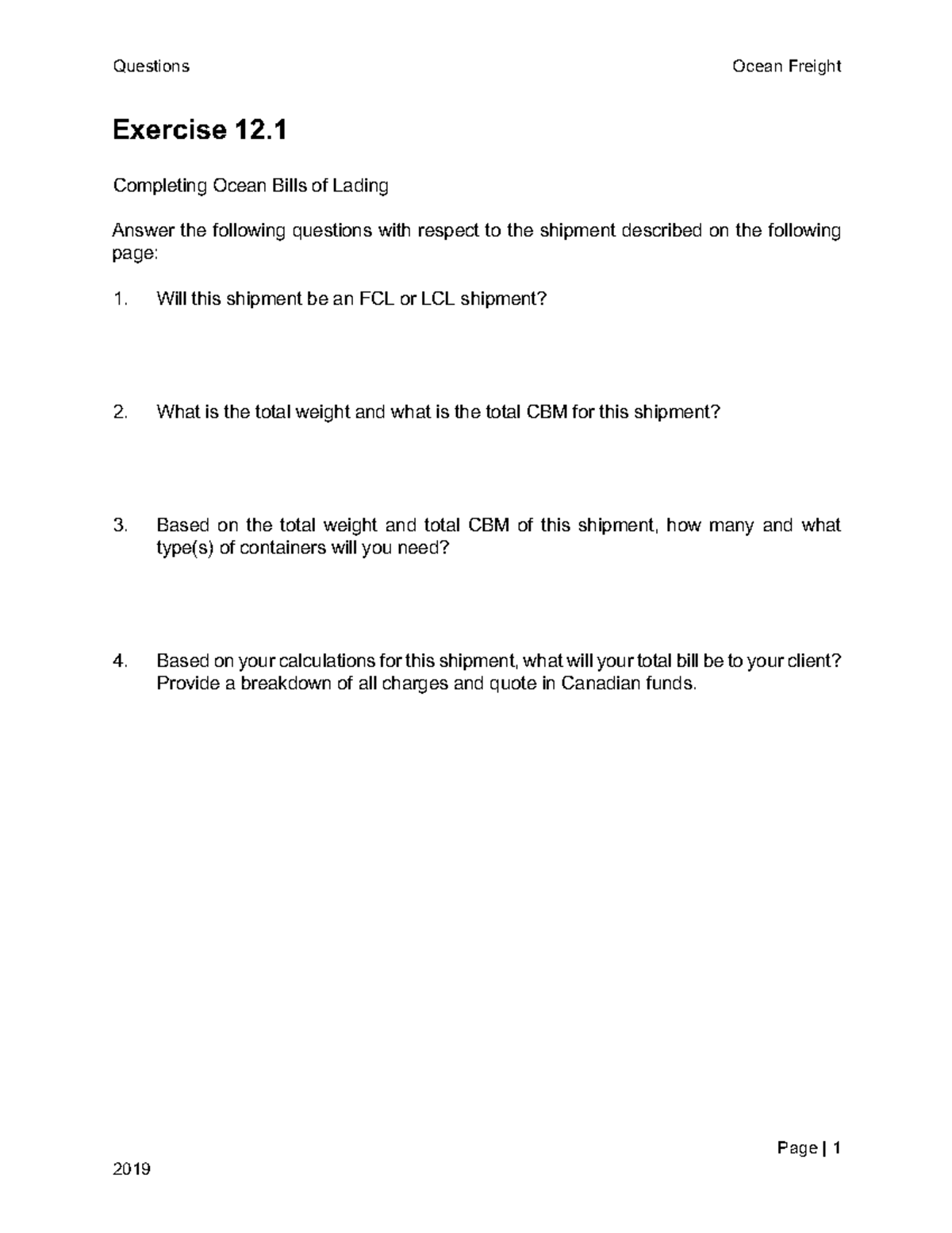 INTL 704 Exercises on Mod.12 Ocean Freight Questions Ocean Freight