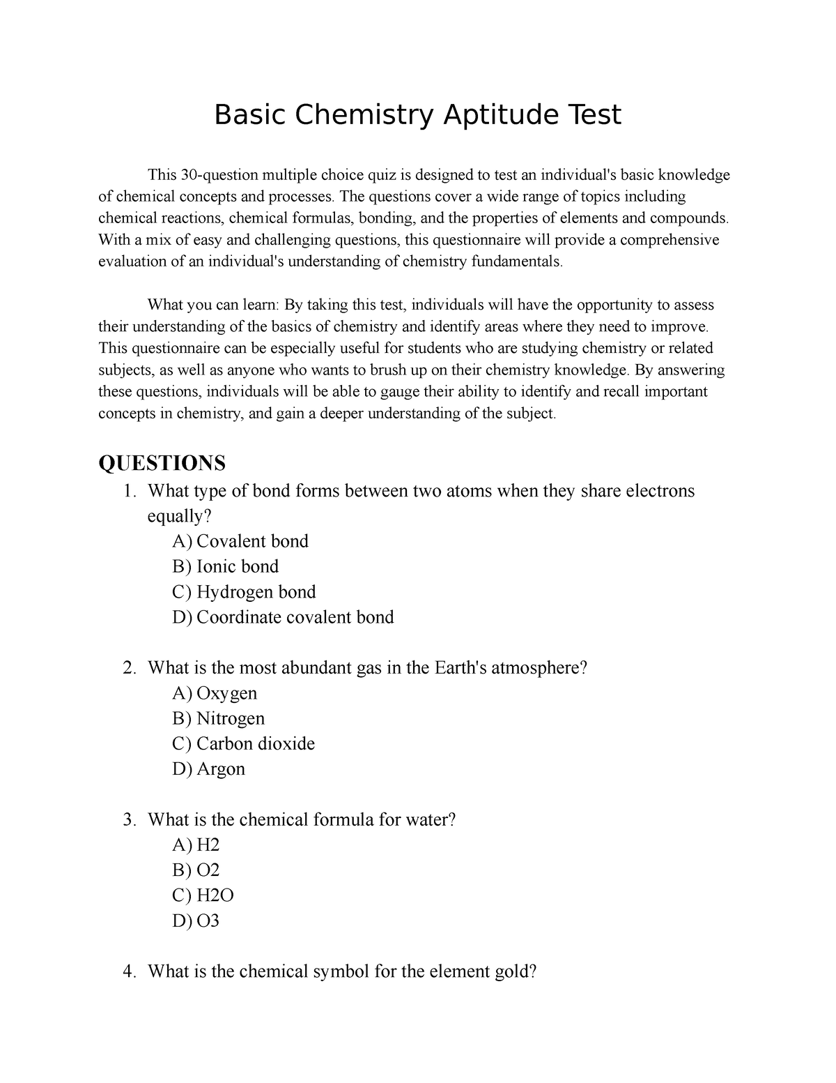 Basic Chemistry Aptitude Test With Answer Key Basic Chemistry Aptitude Test This 30 question