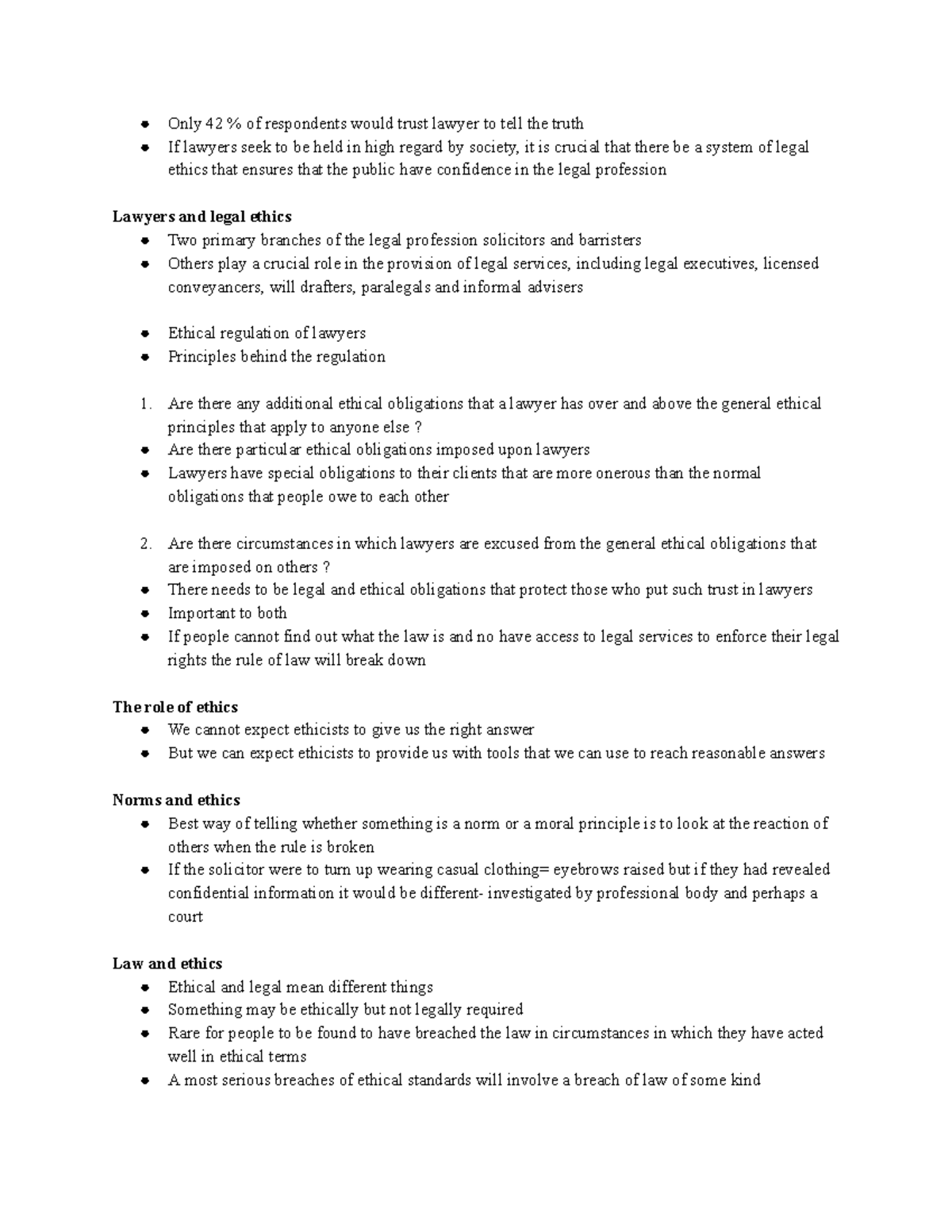 Legal Ethics Notes( Herring) Only 42 of respondents would trust