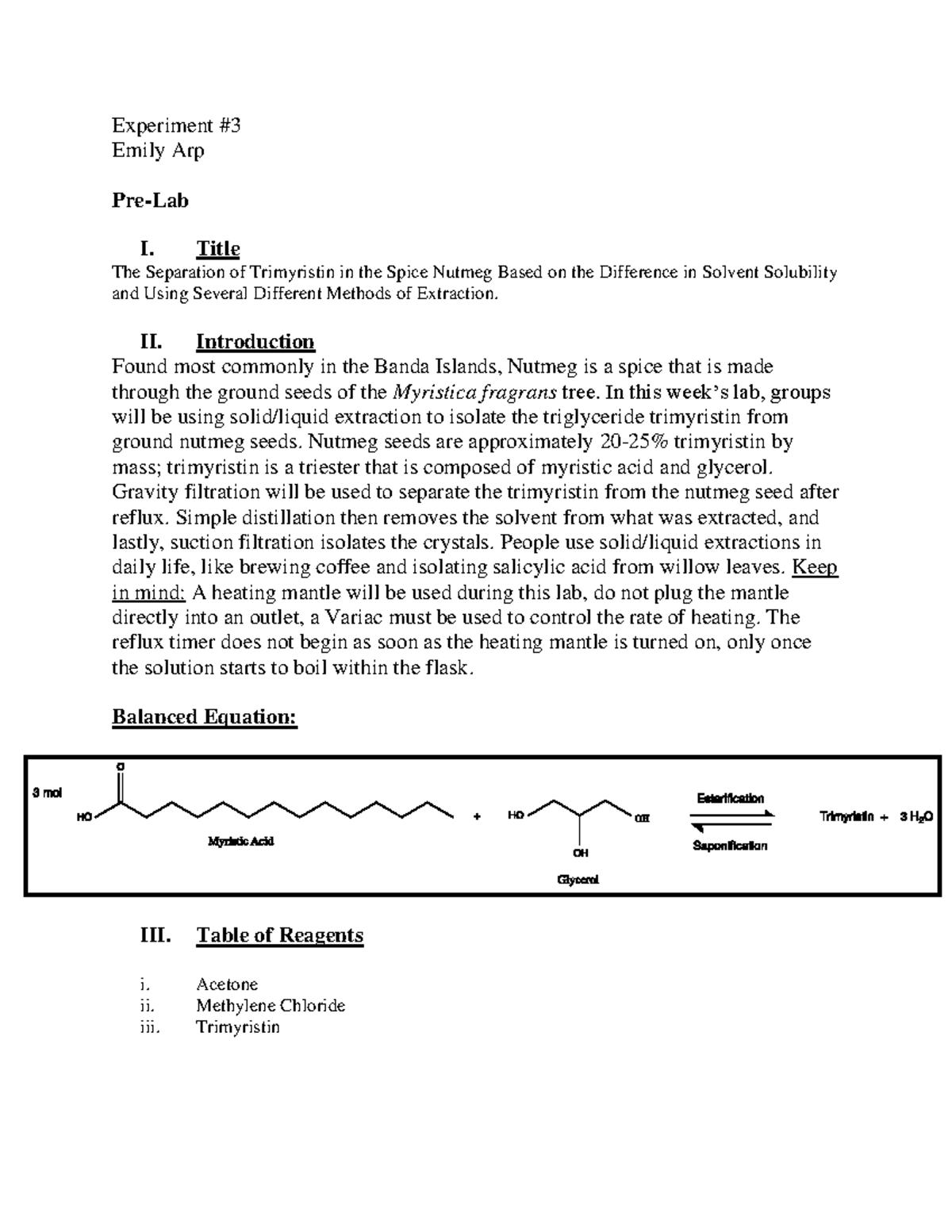 Experiment 3 SolidLiquid Extraction Isolation of Trimyristin from