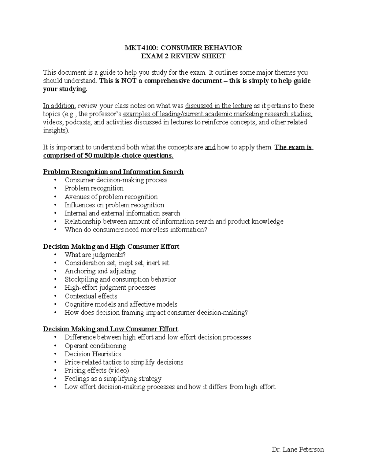Exam 2 Review Sheet - Materials covered in exam 2 - MKT4100: CONSUMER ...