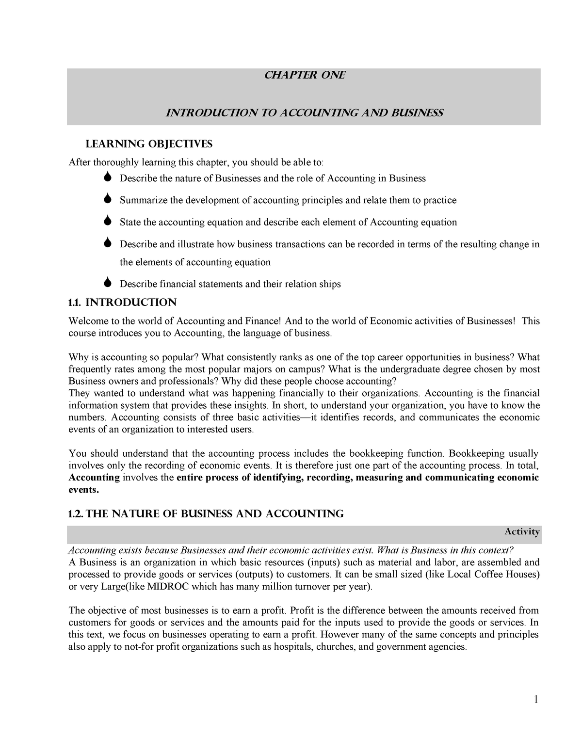 Ch-1-Fundamentals Of Accounting I - CHAPTER ONE INTRODUCTION TO ...