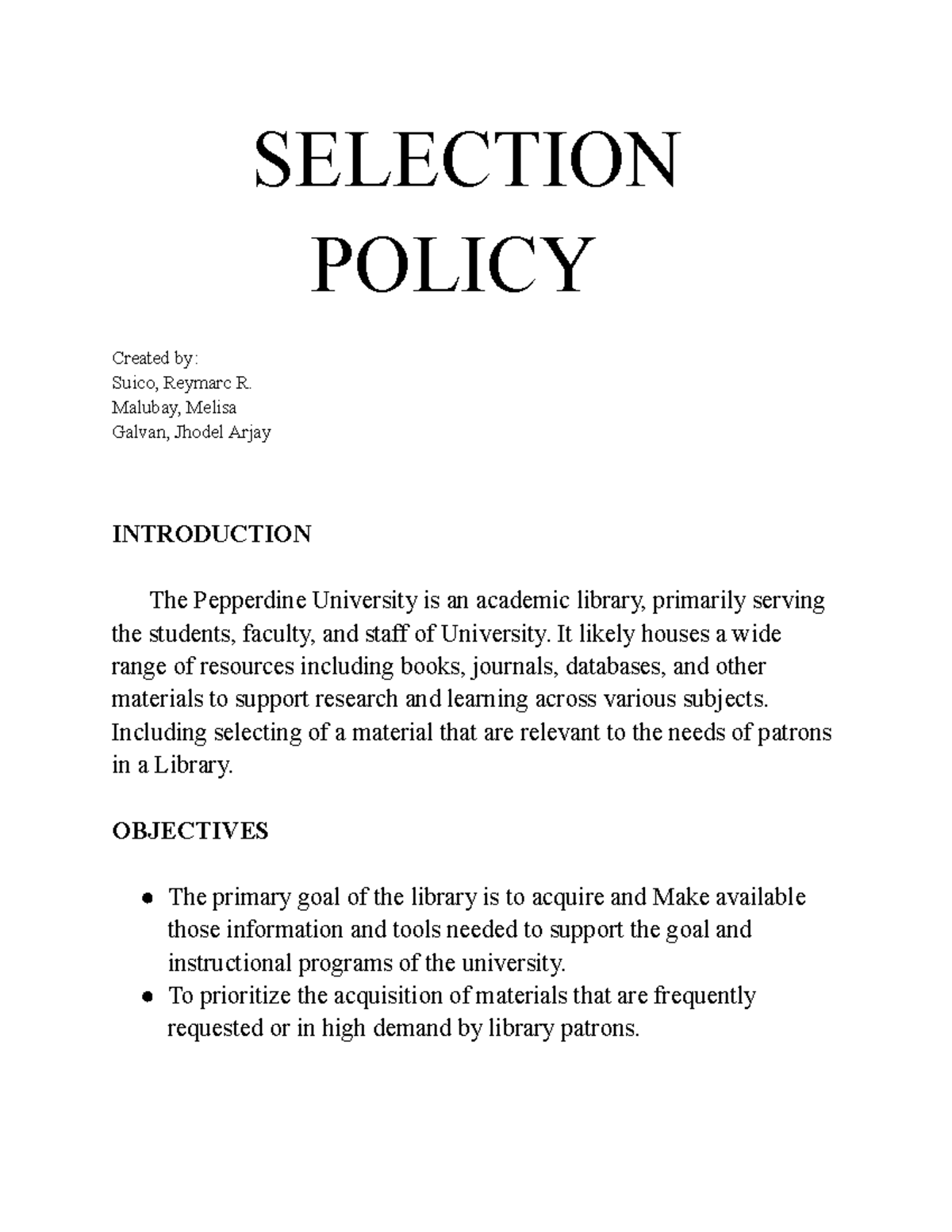 Selection policy - hfhhhdgfgmnk - SELECTION POLICY ####### Created by ...