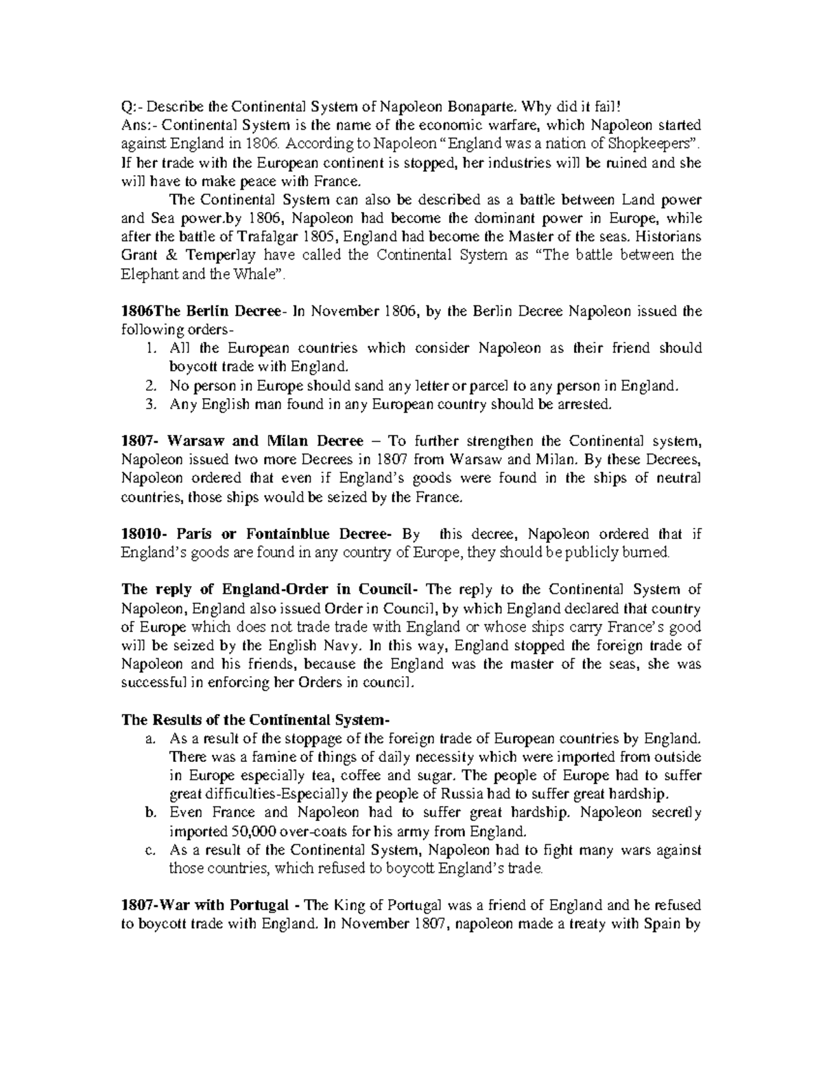 Continental System of Napoleon Bonapart Why did it fail! Ans