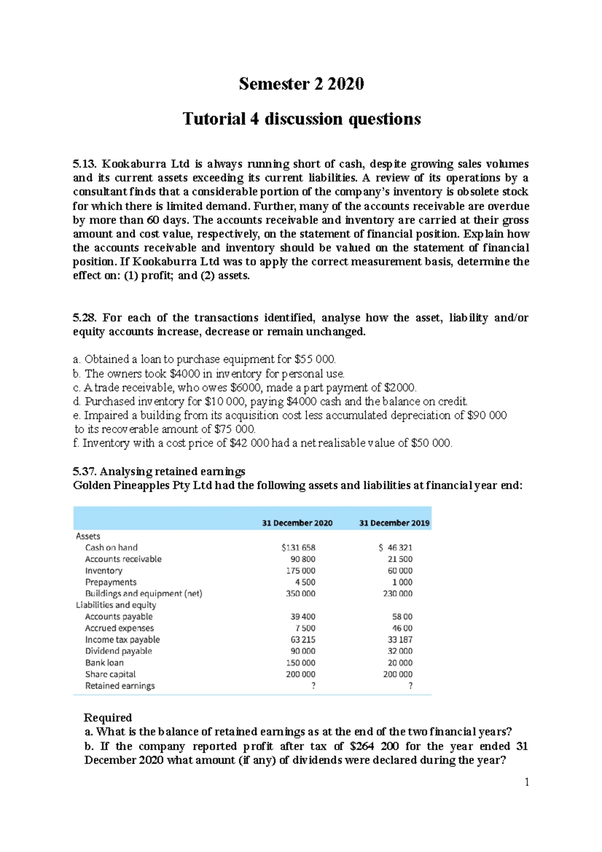 BUSN1001 S2 2020 Tutorial 4 Discussion Questions - Semester 2 2020 ...