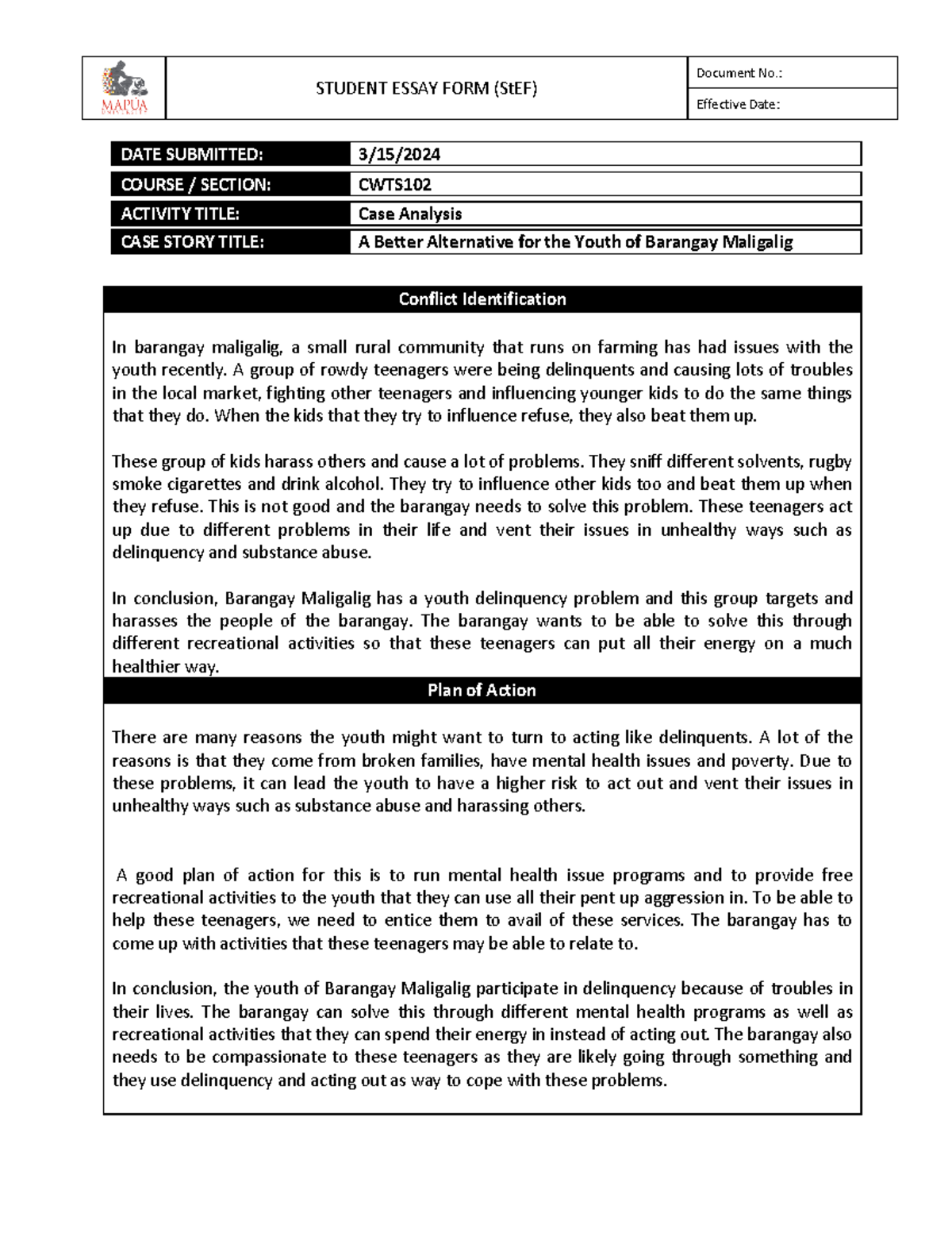 Case Analysis Barangay maligalig - STUDENT ESSAY FORM (StEF) Document ...