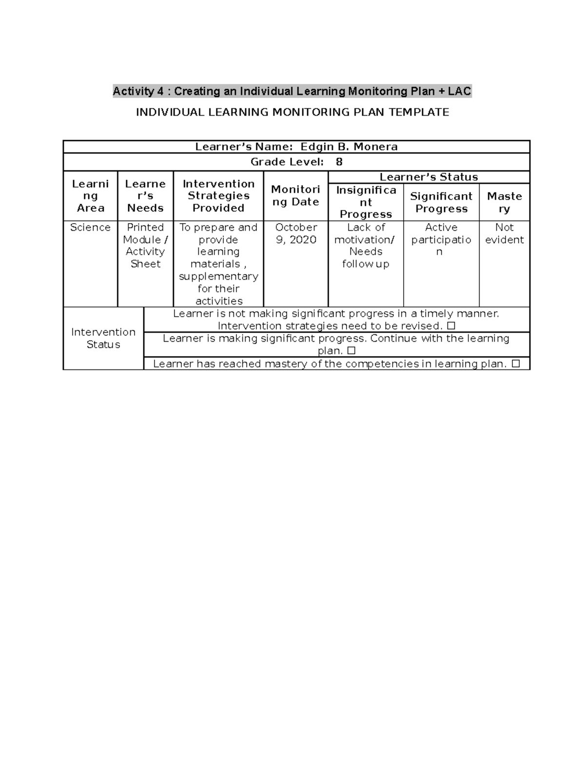 Individual Learning Plan Activity 4 Creating An Individual Learning 