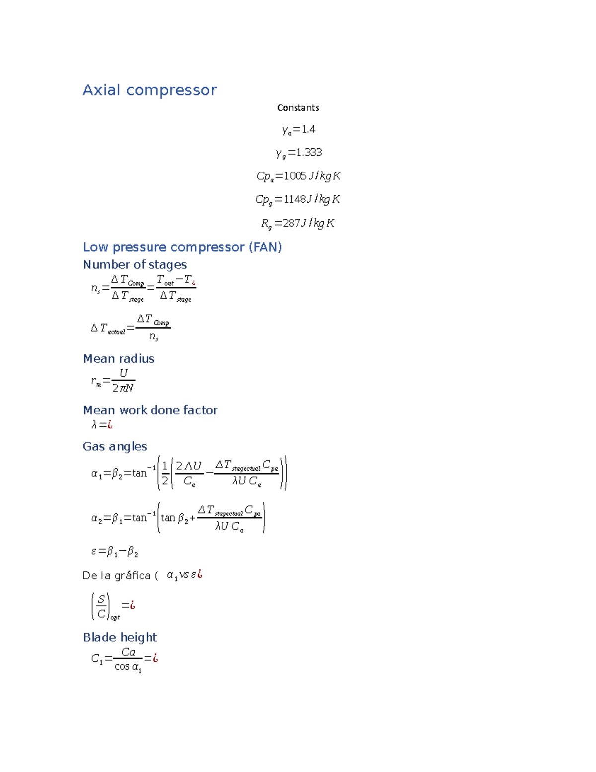 Axial Compressor Second Evaluation - Axial compressor Constants γa=1 ...