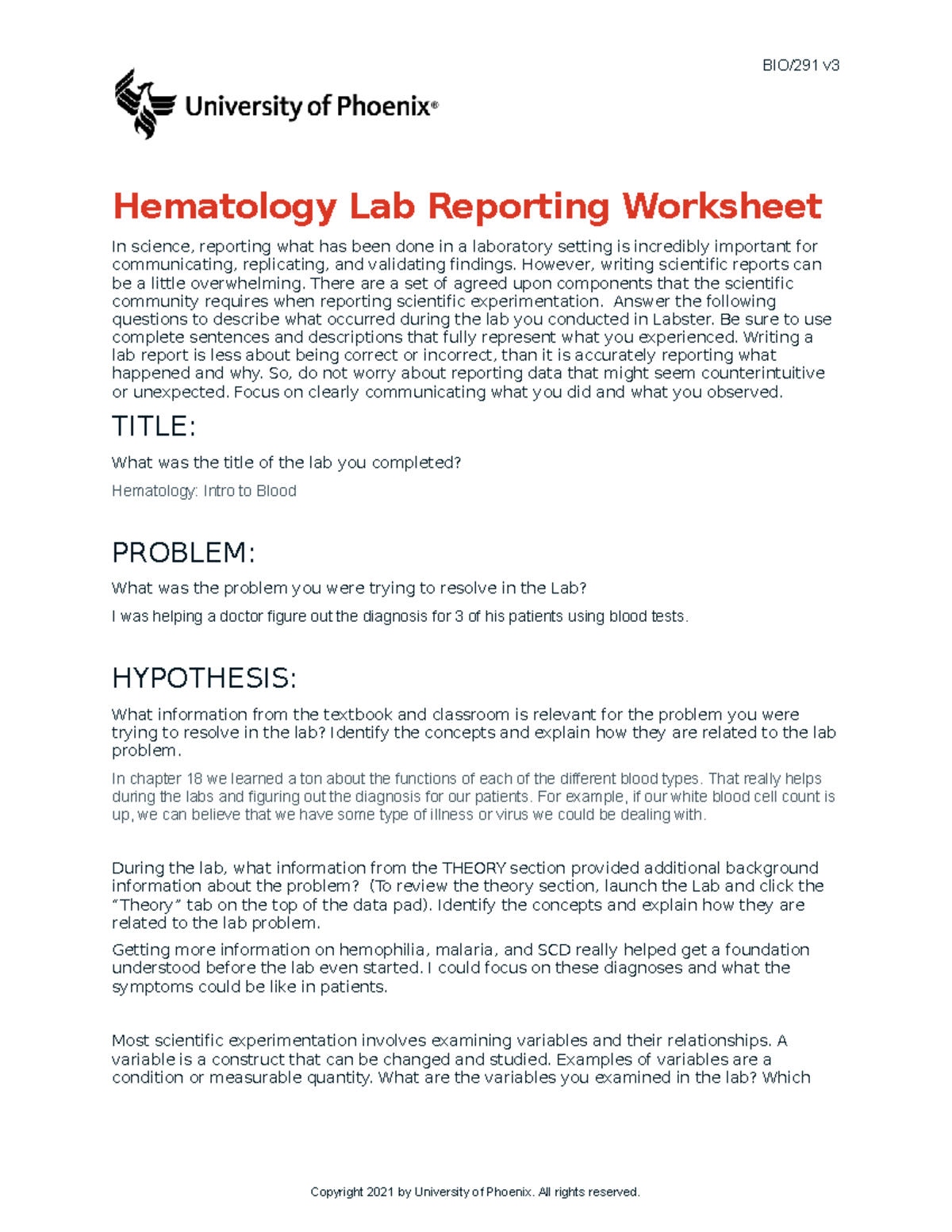 Bio291 v3 wk1 the hematology lab report BIO/291 v Hematology Lab