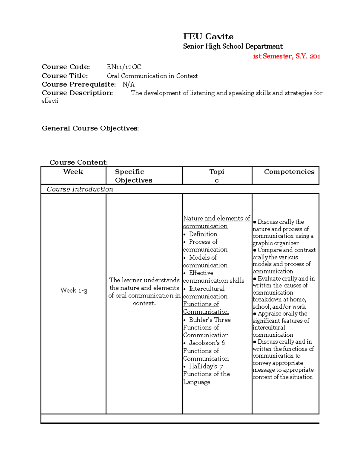Oral-communication-syllabus - Course Code: EN11/12OC FEU Cavite Senior ...