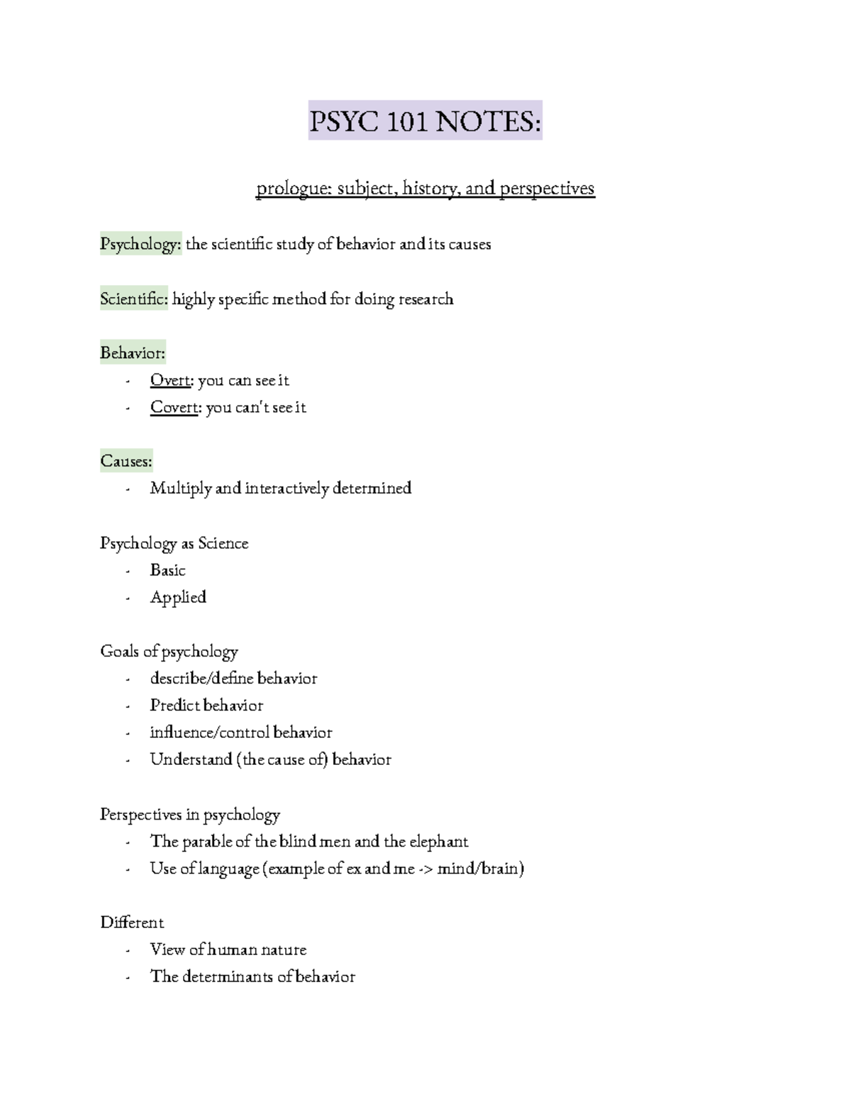 Psyc 101 notes - yes - PSYC 101 NOTES: prologue: subject, history, and ...