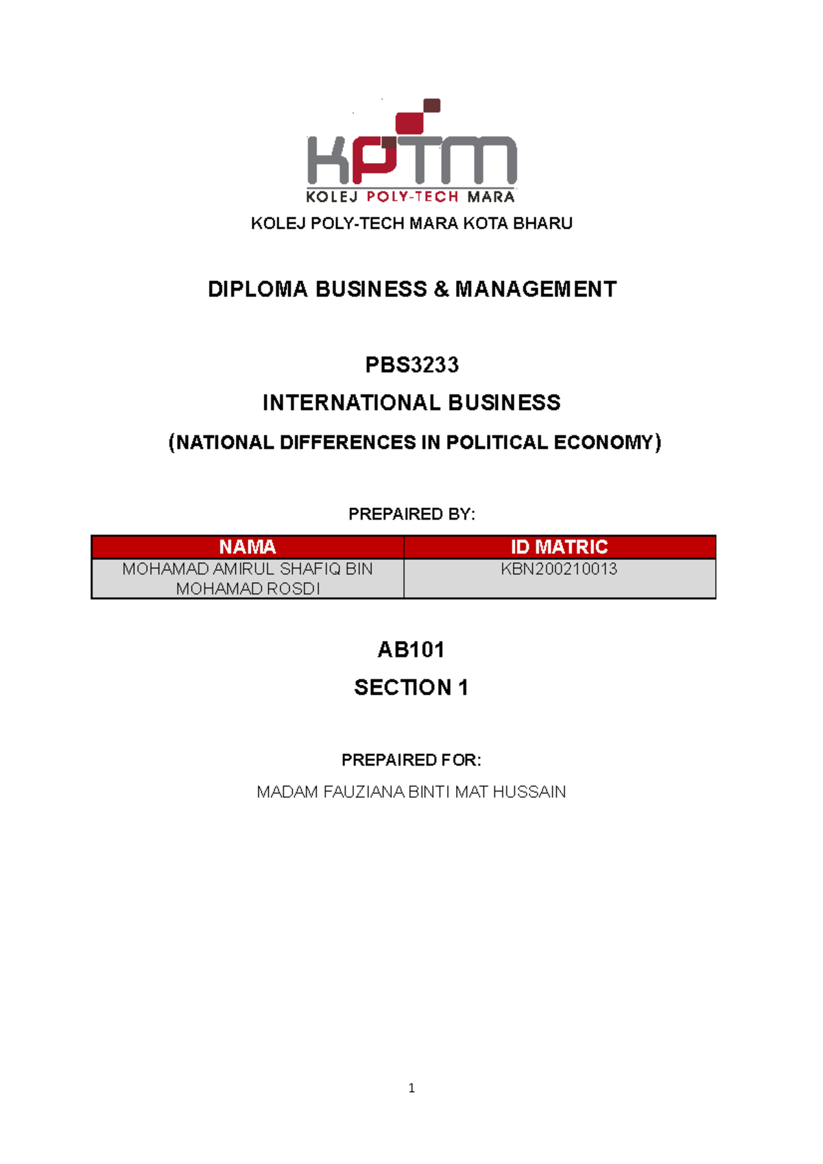 PBS 3233 case study 1 - amirul - KOLEJ POLY-TECH MARA KOTA BHARU ...