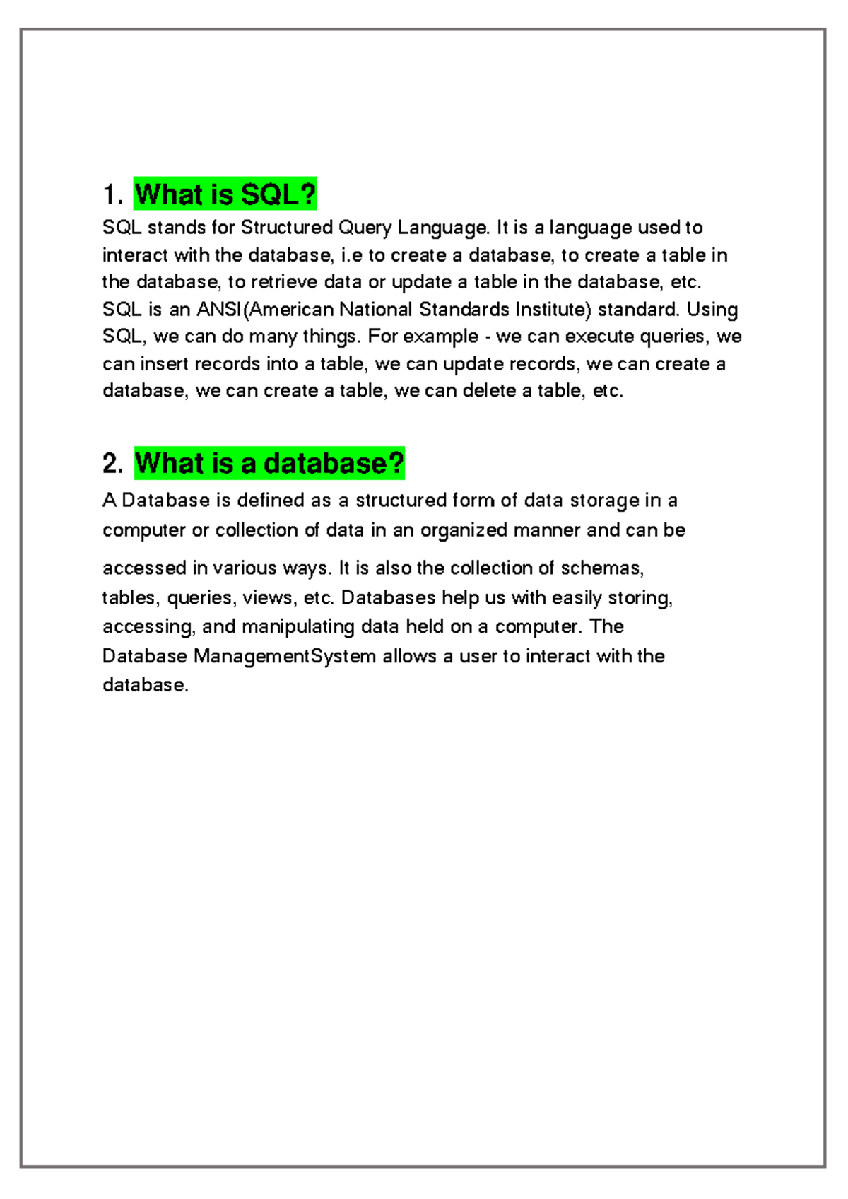 SQL Practice-1-3 - 1. What is SQL? SQL stands for Structured Query ...