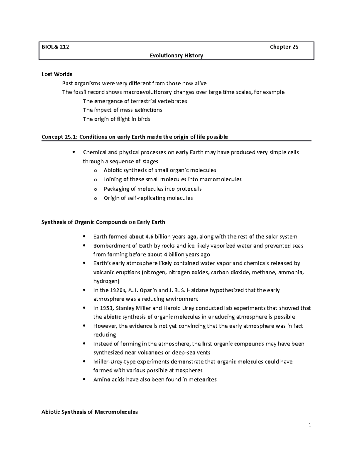 212 Lecture Four Chapter 25 Notes For Biology Major Students - BIOL ...