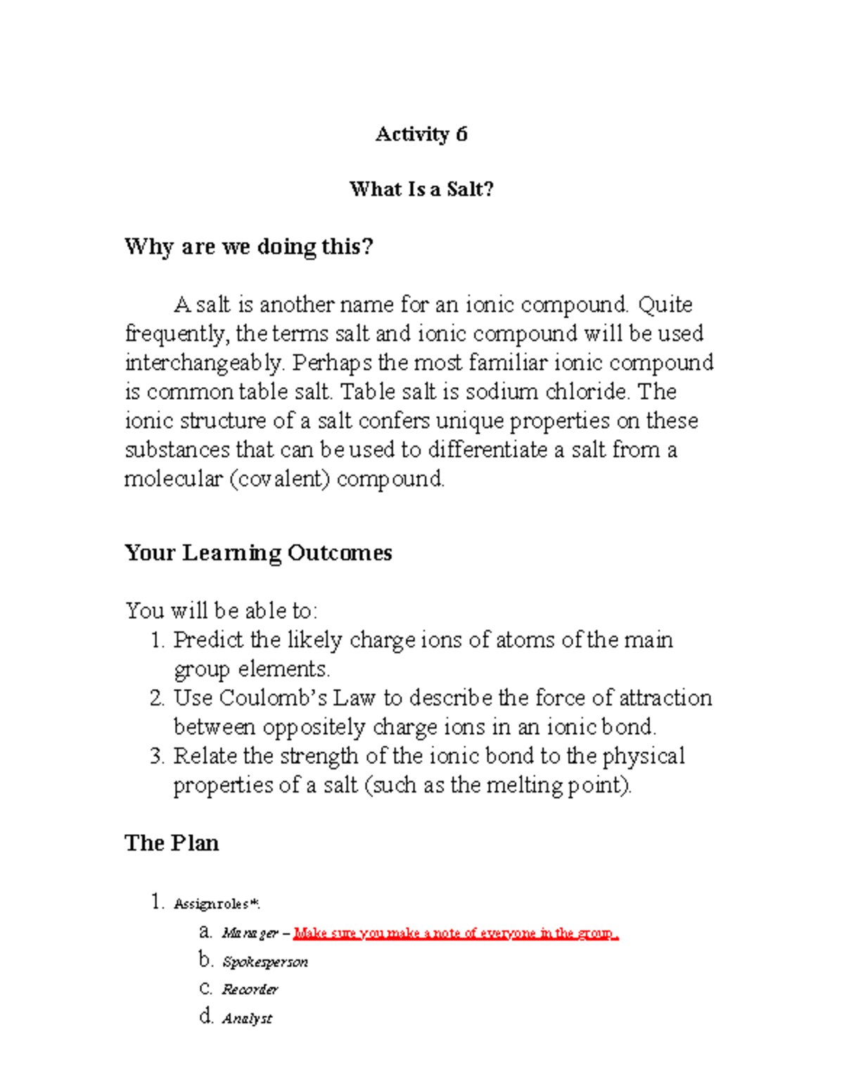 Activity 6 Salt - this is discussion material - Activity 6 What Is a ...