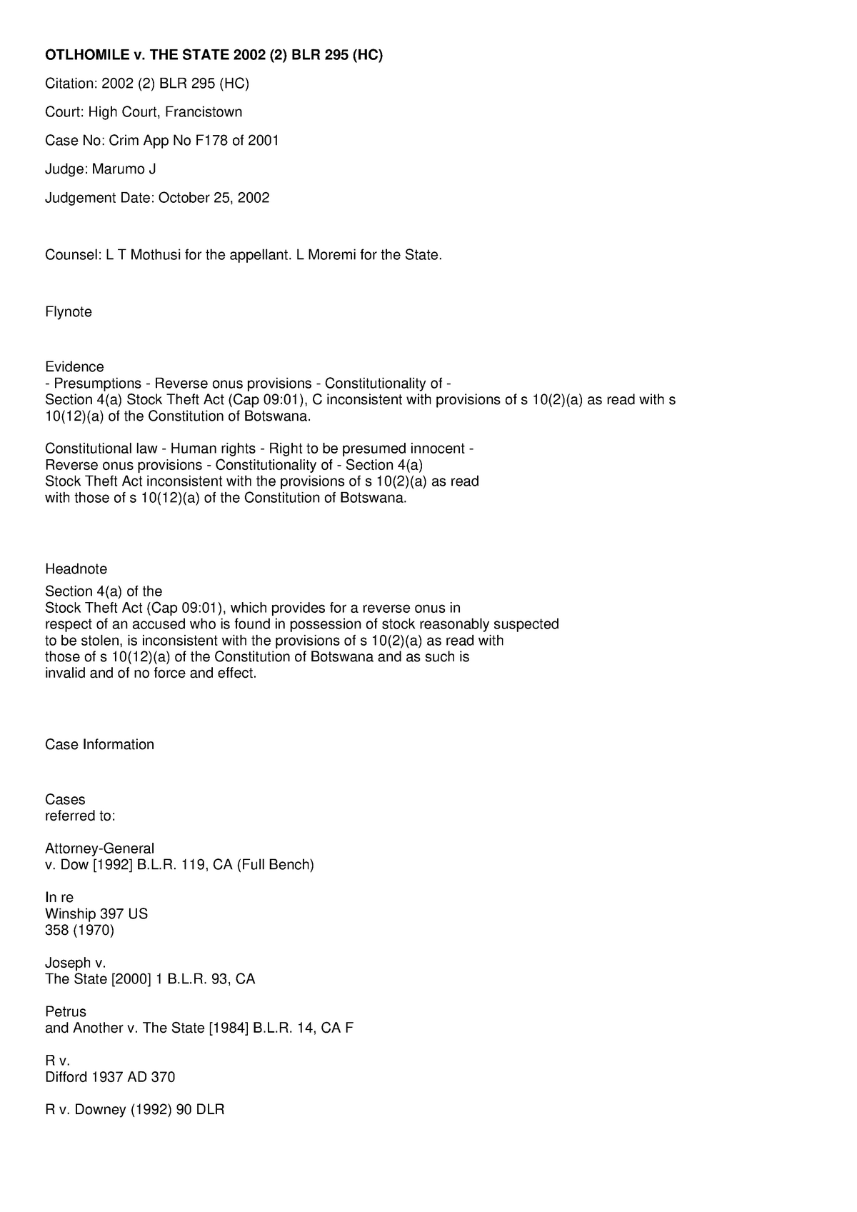 Basic Principles Of Criminal Law - Online - Otlhomile V. The State 2002 