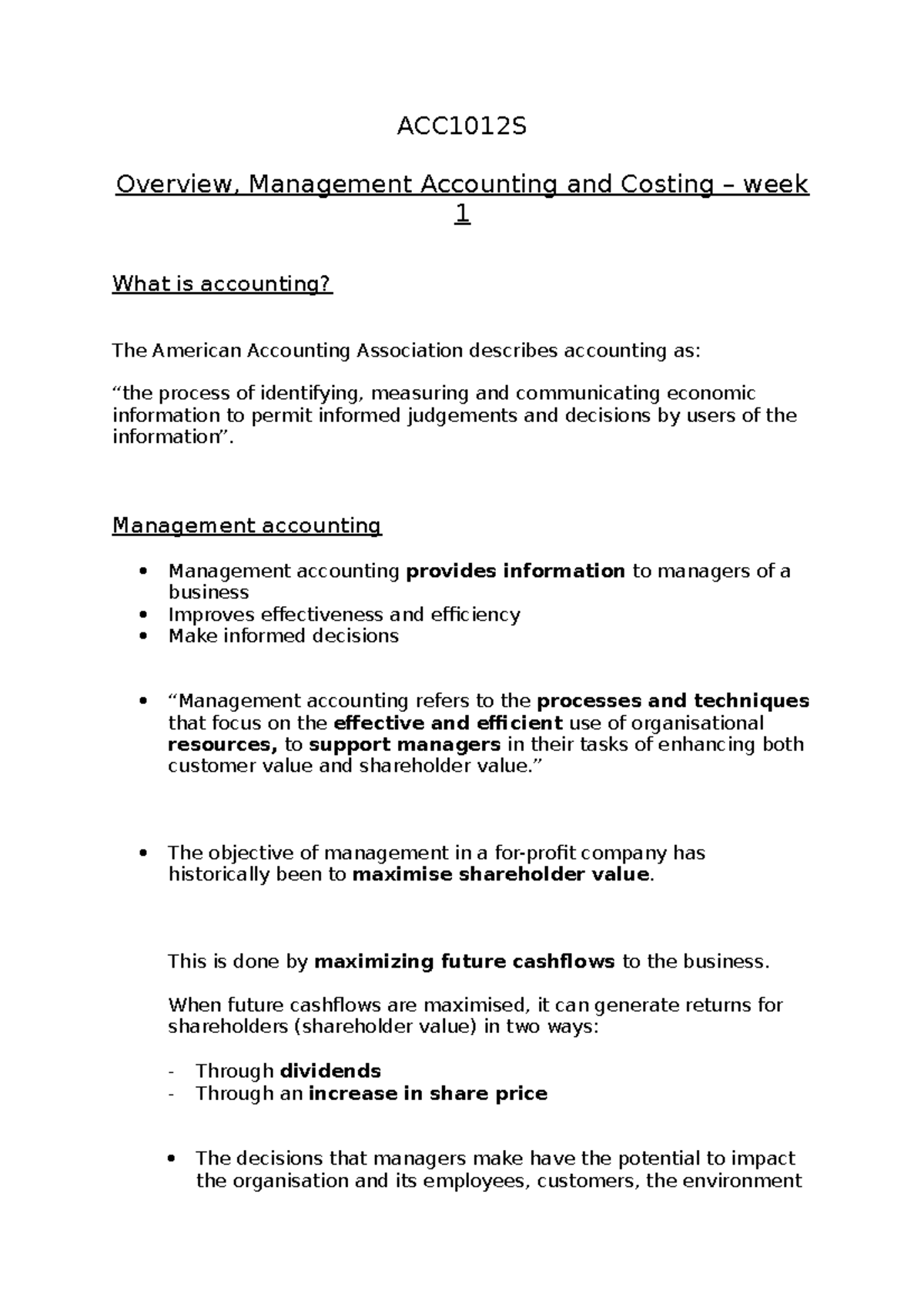 Week 1 - ACC1012S Week One Notes - ACC1012S Overview, Management ...