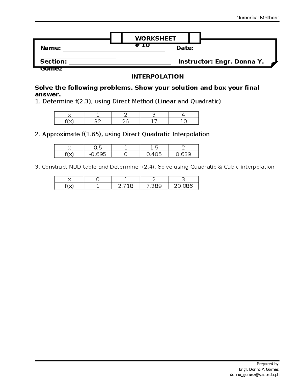 Numme ACT 10 Interpolation - Numerical Methods INTERPOLATION Solve the ...
