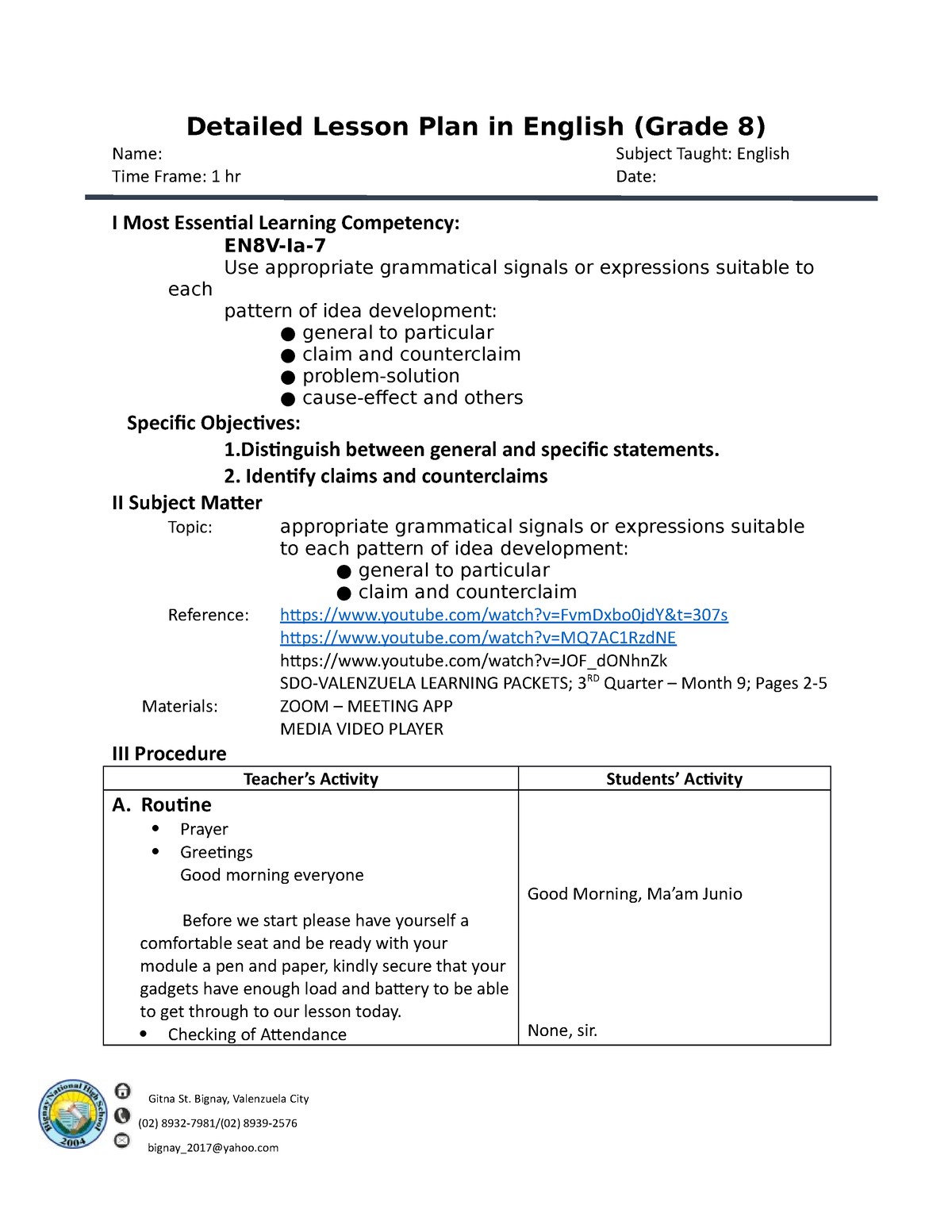 Detailed Lesson Plan In English 8 Lesson 8 - Detailed Lesson Plan In ...