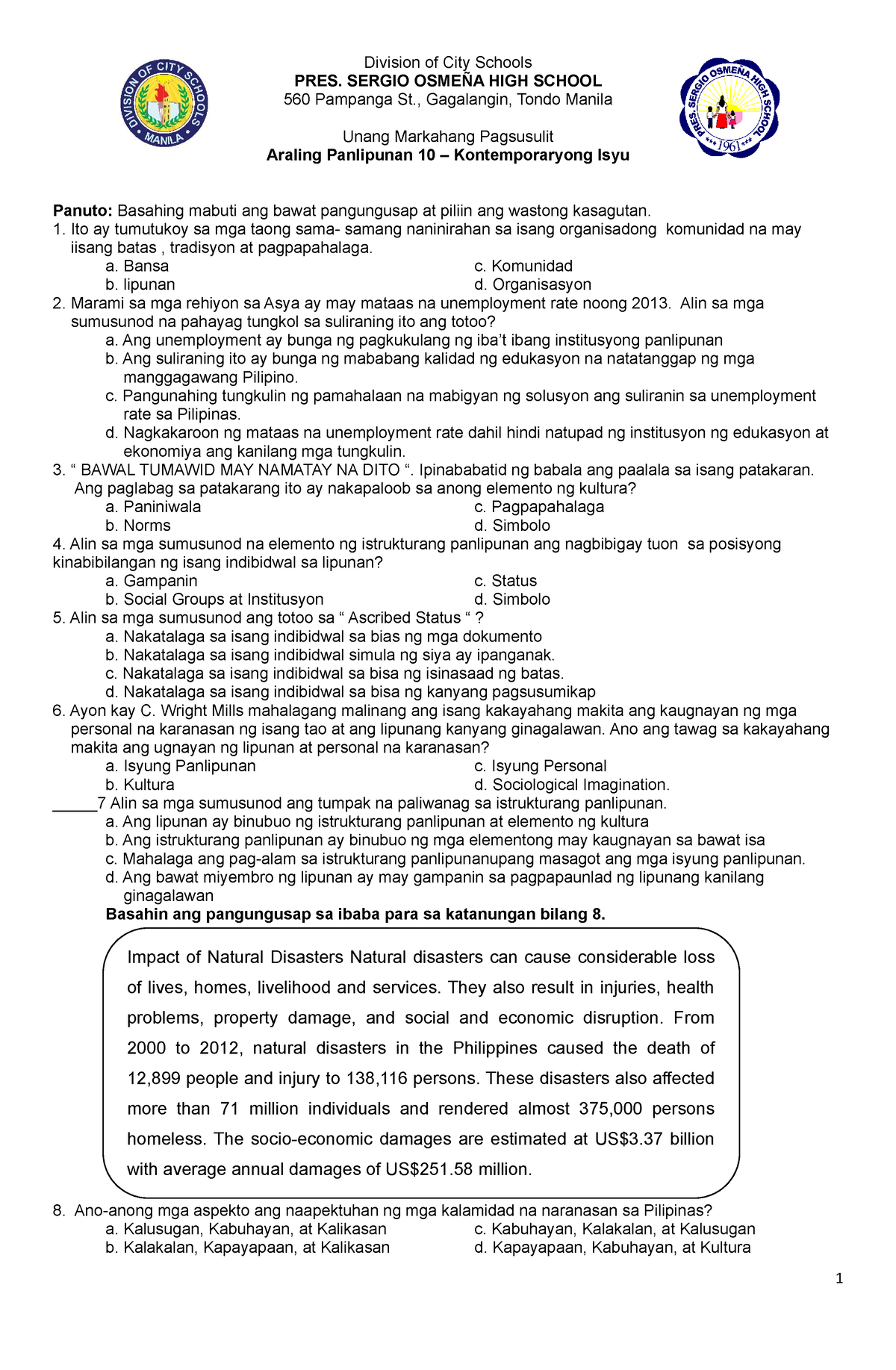 AP10 - Unang Markahang Pagsusulit - Division Of City Schools PRES ...